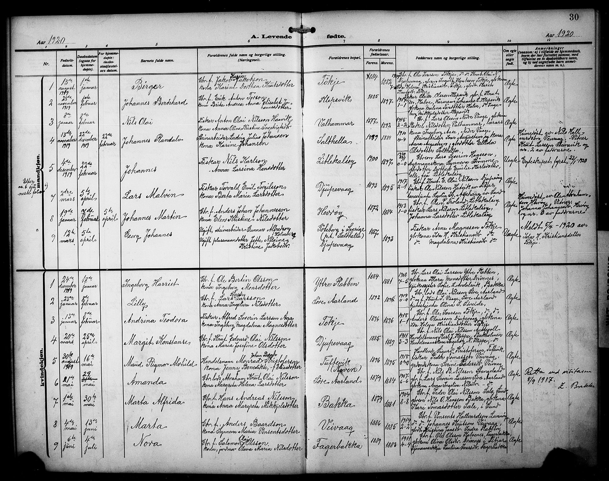 Austevoll sokneprestembete, AV/SAB-A-74201/H/Ha/Hab/Habb/L0006: Parish register (copy) no. B 6, 1911-1925, p. 30