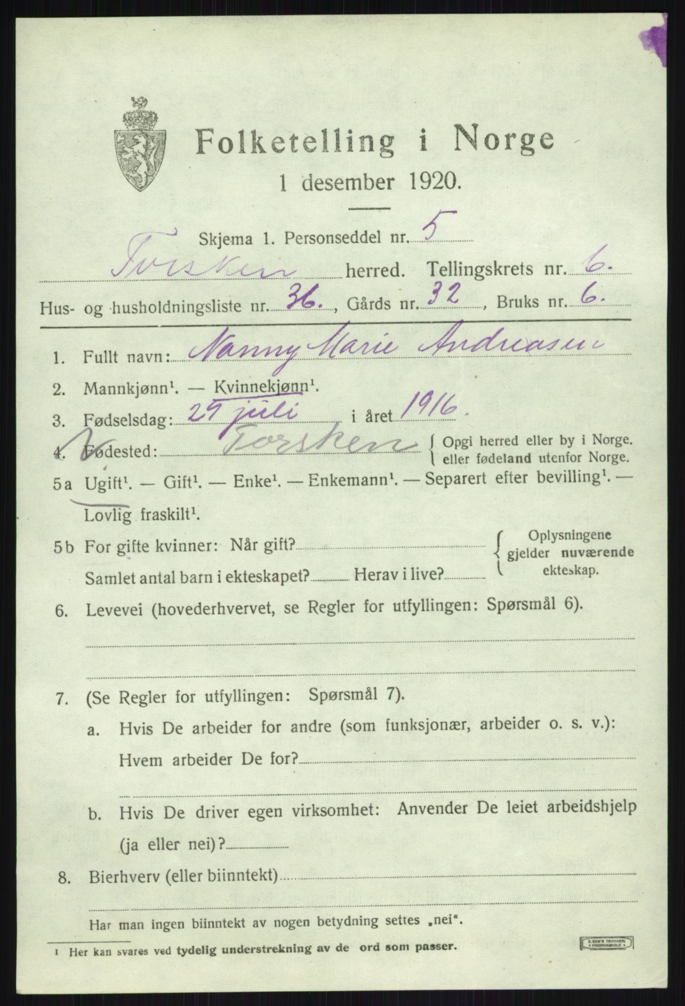 SATØ, 1920 census for Torsken, 1920, p. 2875