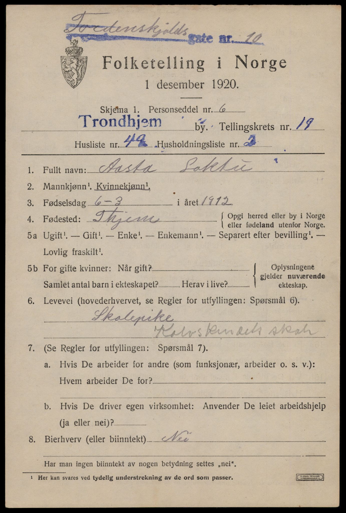 SAT, 1920 census for Trondheim, 1920, p. 59652