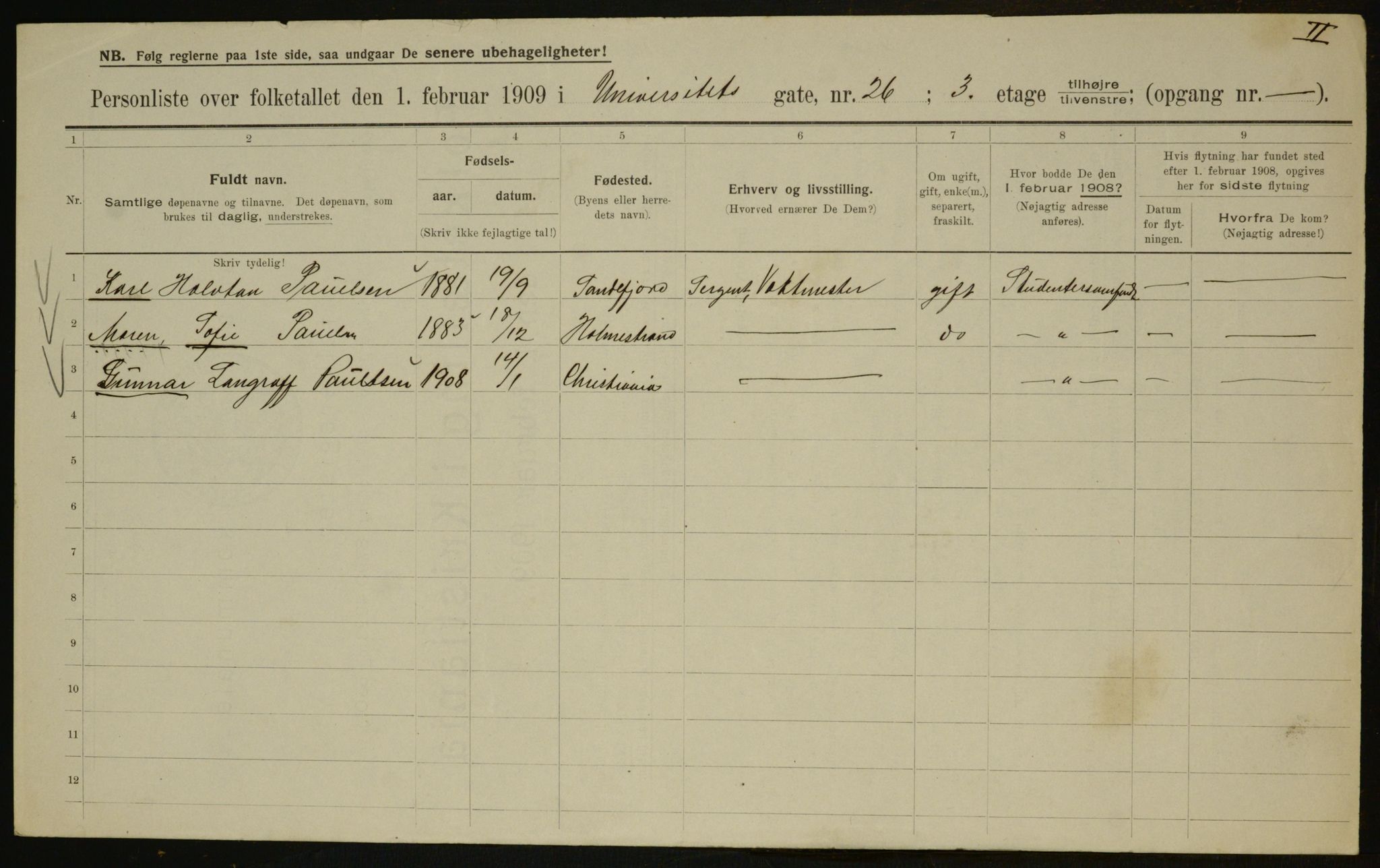 OBA, Municipal Census 1909 for Kristiania, 1909, p. 109026