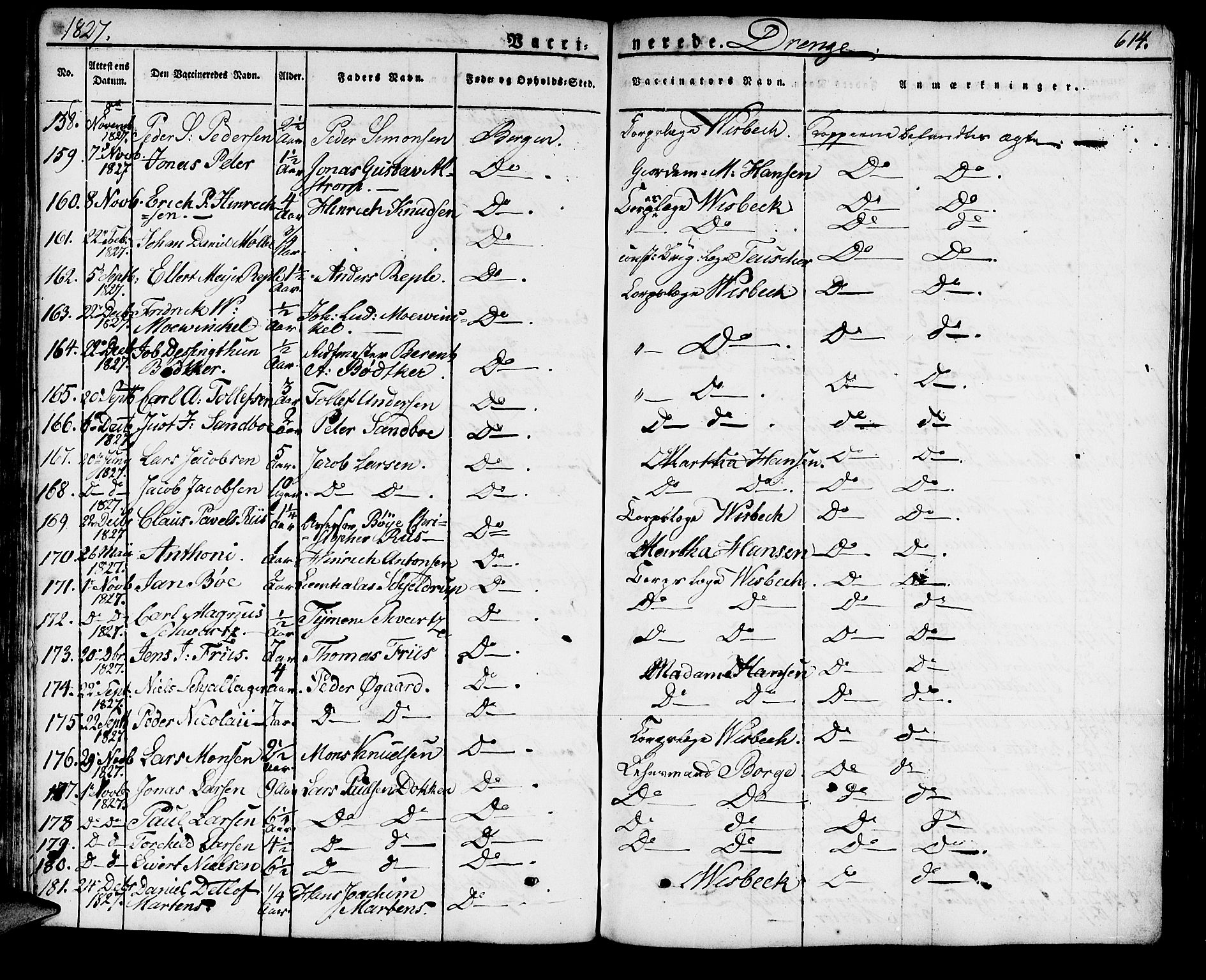 Domkirken sokneprestembete, SAB/A-74801/H/Haa/L0012: Parish register (official) no. A 12, 1821-1840, p. 614