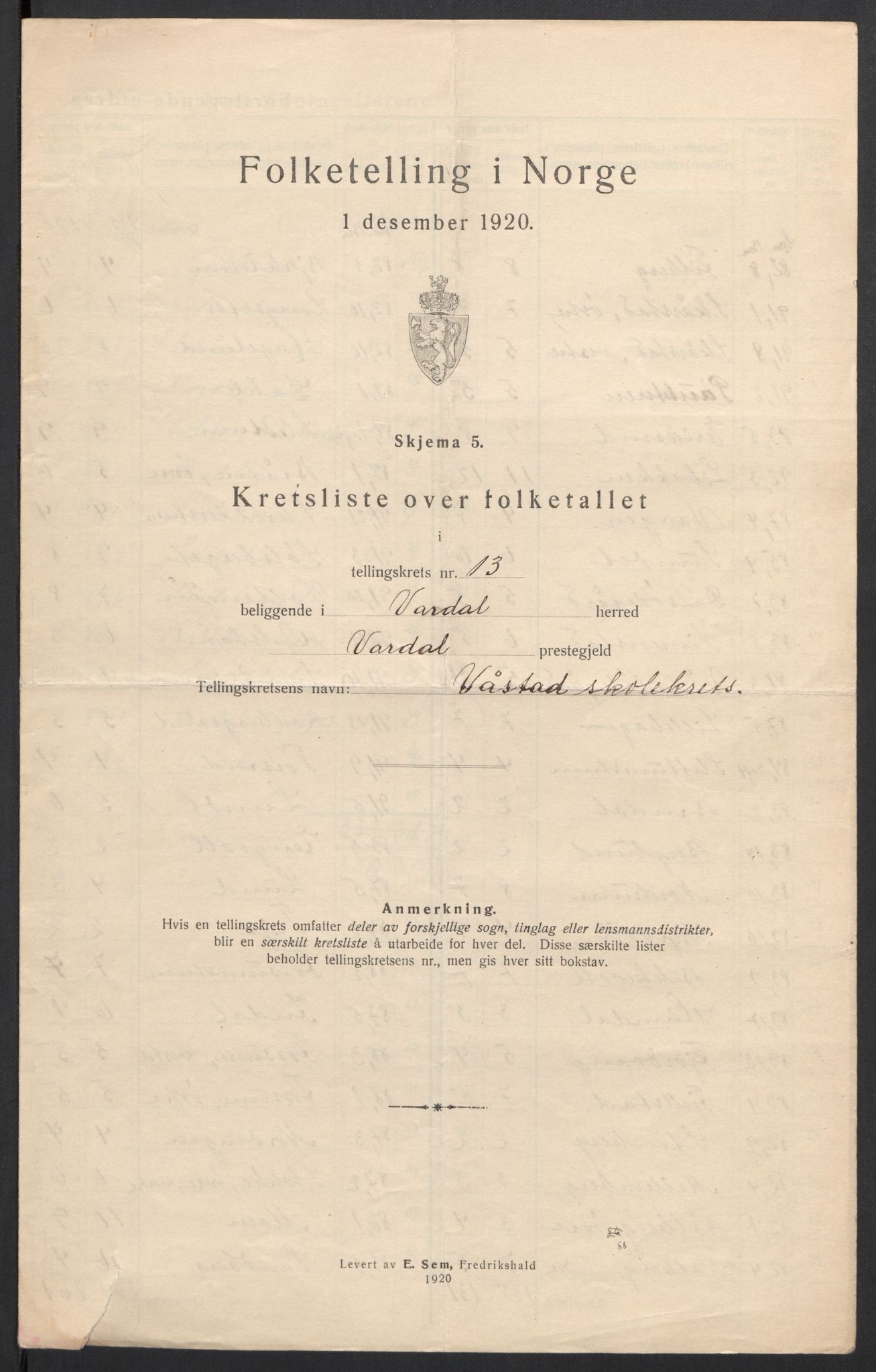 SAH, 1920 census for Vardal, 1920, p. 52