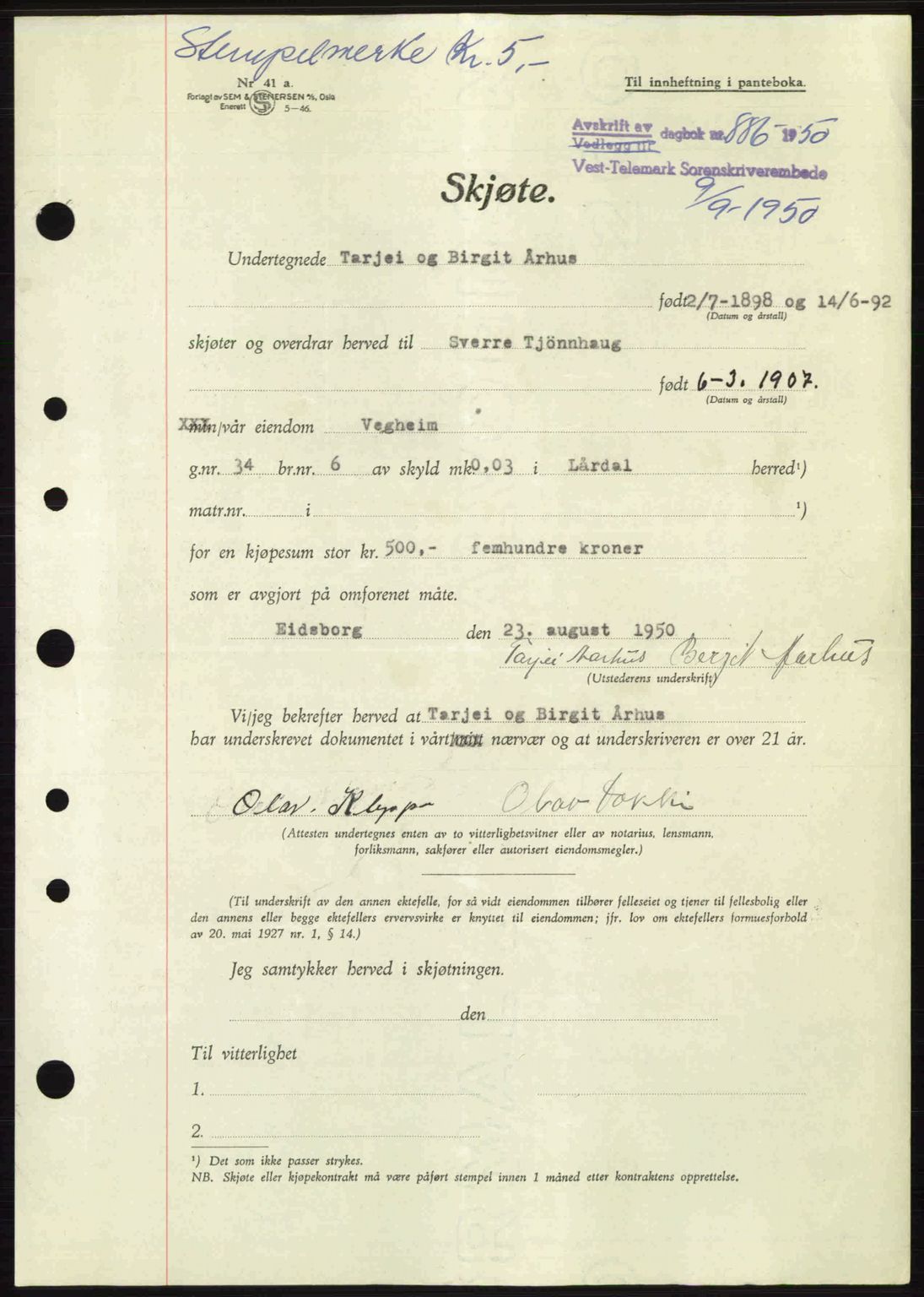 Vest-Telemark sorenskriveri, AV/SAKO-A-134/G/Ga/Gac/L0011: Mortgage book no. A-11, 1950-1950, Diary no: : 886/1950