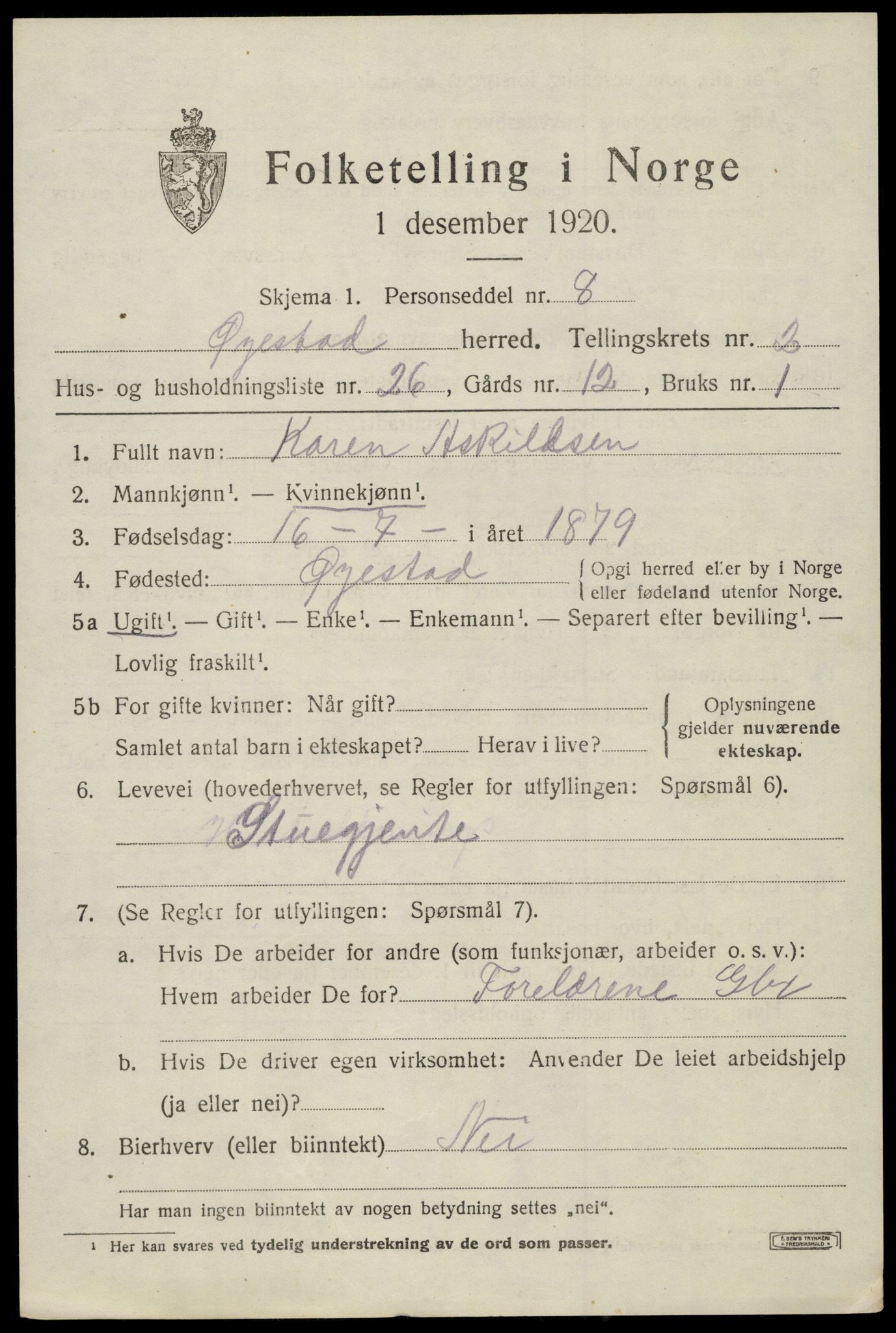 SAK, 1920 census for Øyestad, 1920, p. 2604