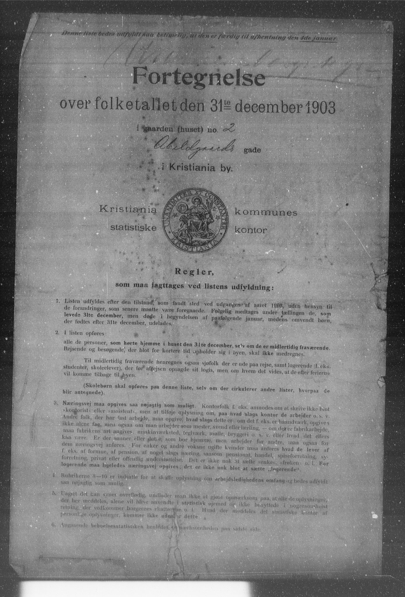 OBA, Municipal Census 1903 for Kristiania, 1903, p. 3