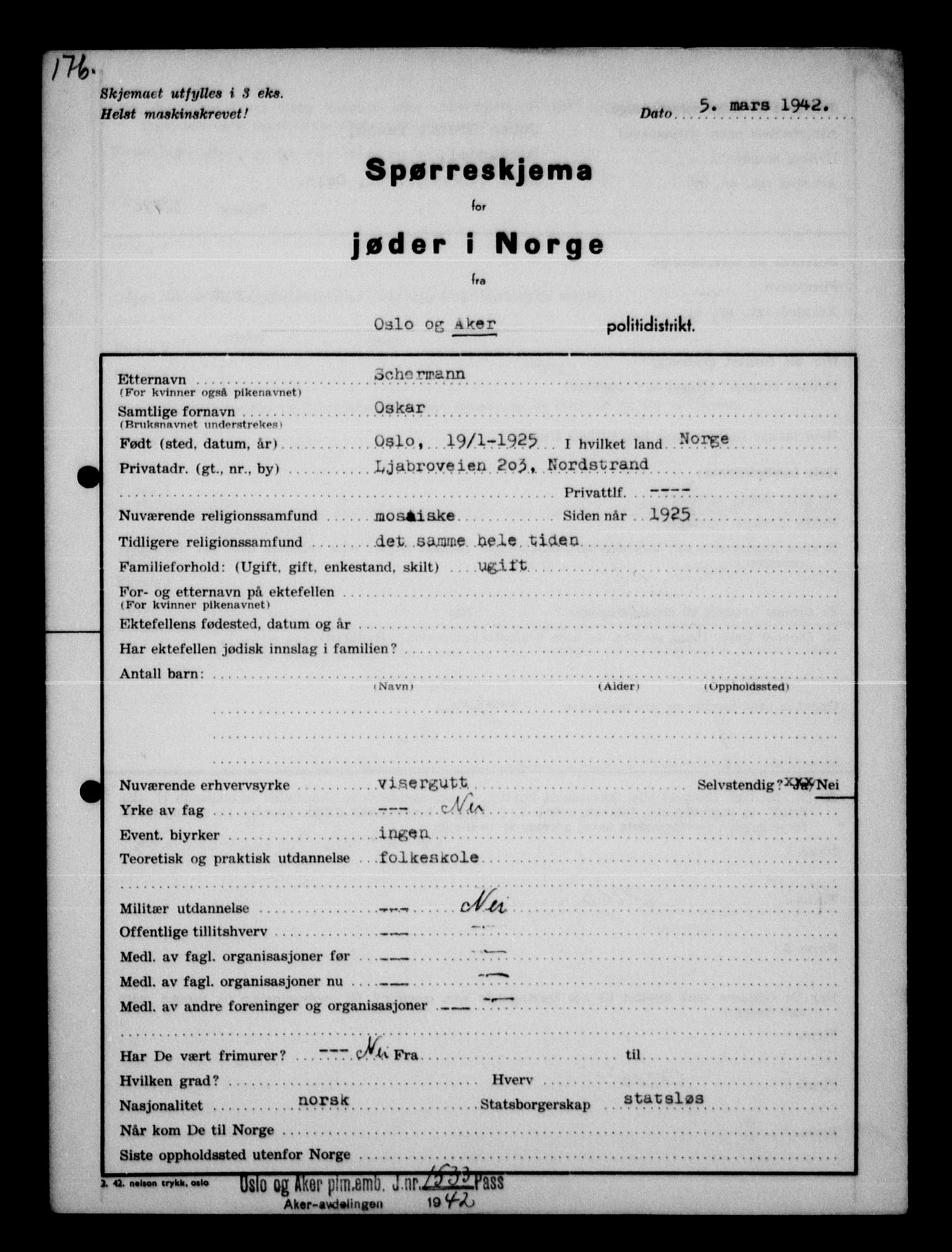 Statspolitiet - Hovedkontoret / Osloavdelingen, AV/RA-S-1329/G/Ga/L0012: Spørreskjema for jøder i Norge. 1: Aker 114- 207 (Levinson-Wozak) og 656 (Salomon). 2: Arendal-Hordaland. 3: Horten-Romerike.  , 1942, p. 191