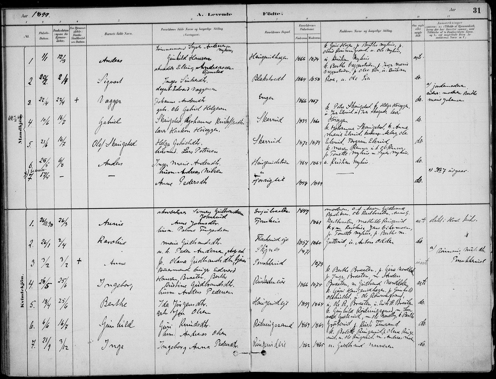 Ådal kirkebøker, AV/SAKO-A-248/F/Fa/L0003: Parish register (official) no. I 3, 1884-1903, p. 31