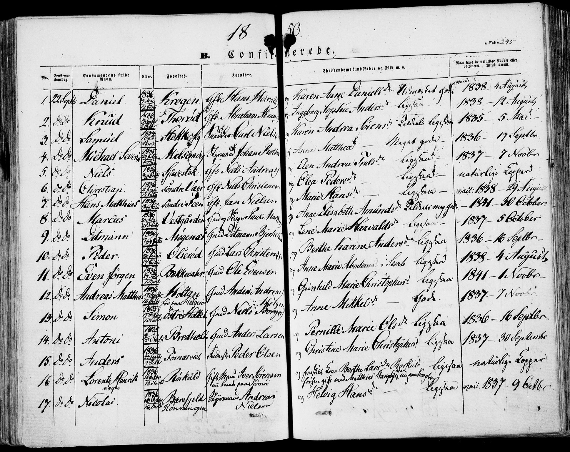 Stokke kirkebøker, AV/SAKO-A-320/F/Fa/L0007: Parish register (official) no. I 7, 1844-1857, p. 245