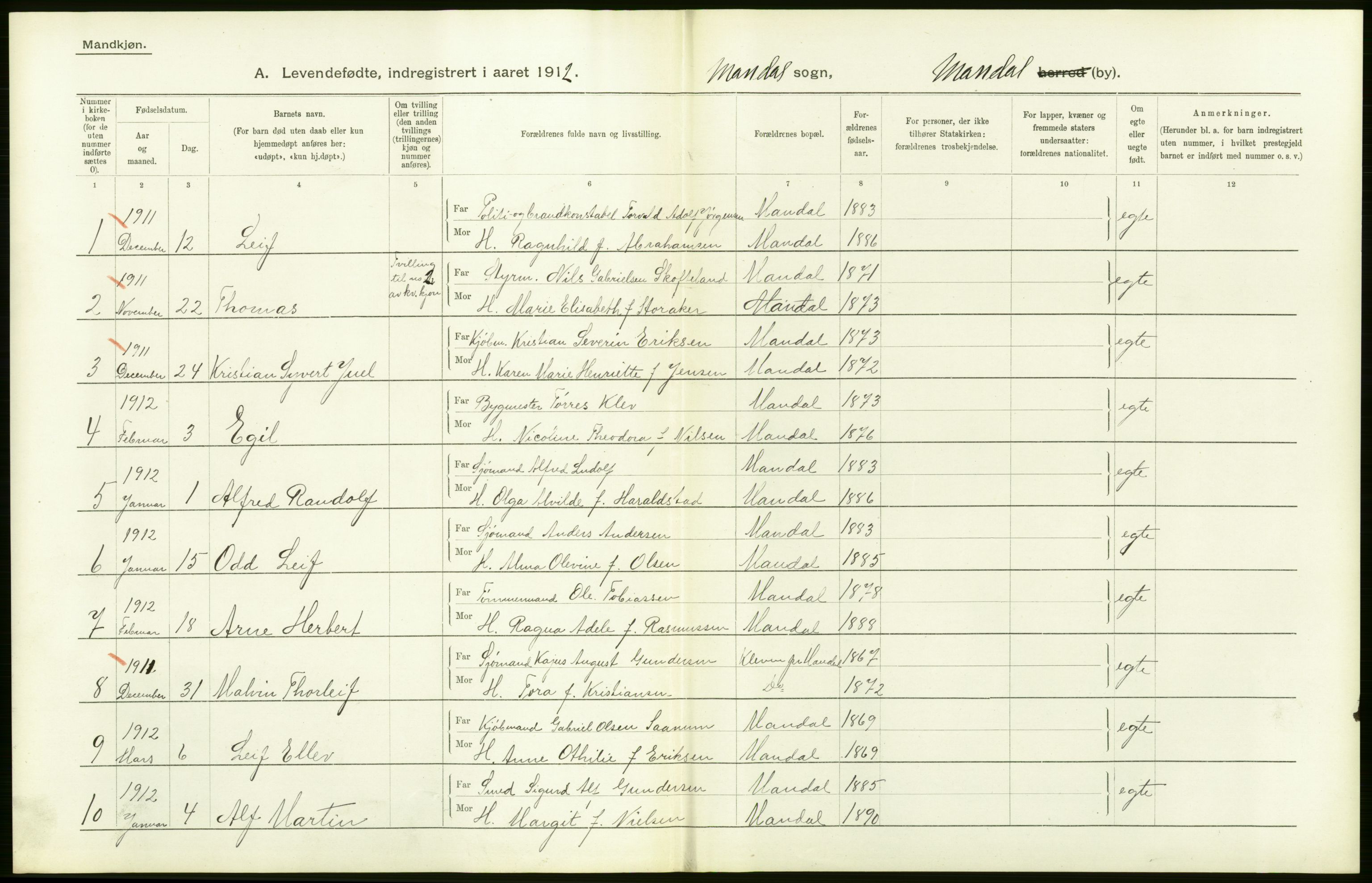 Statistisk sentralbyrå, Sosiodemografiske emner, Befolkning, AV/RA-S-2228/D/Df/Dfb/Dfbb/L0024: Lister og Mandals amt: Levendefødte menn og kvinner. Bygder og byer., 1912, p. 30