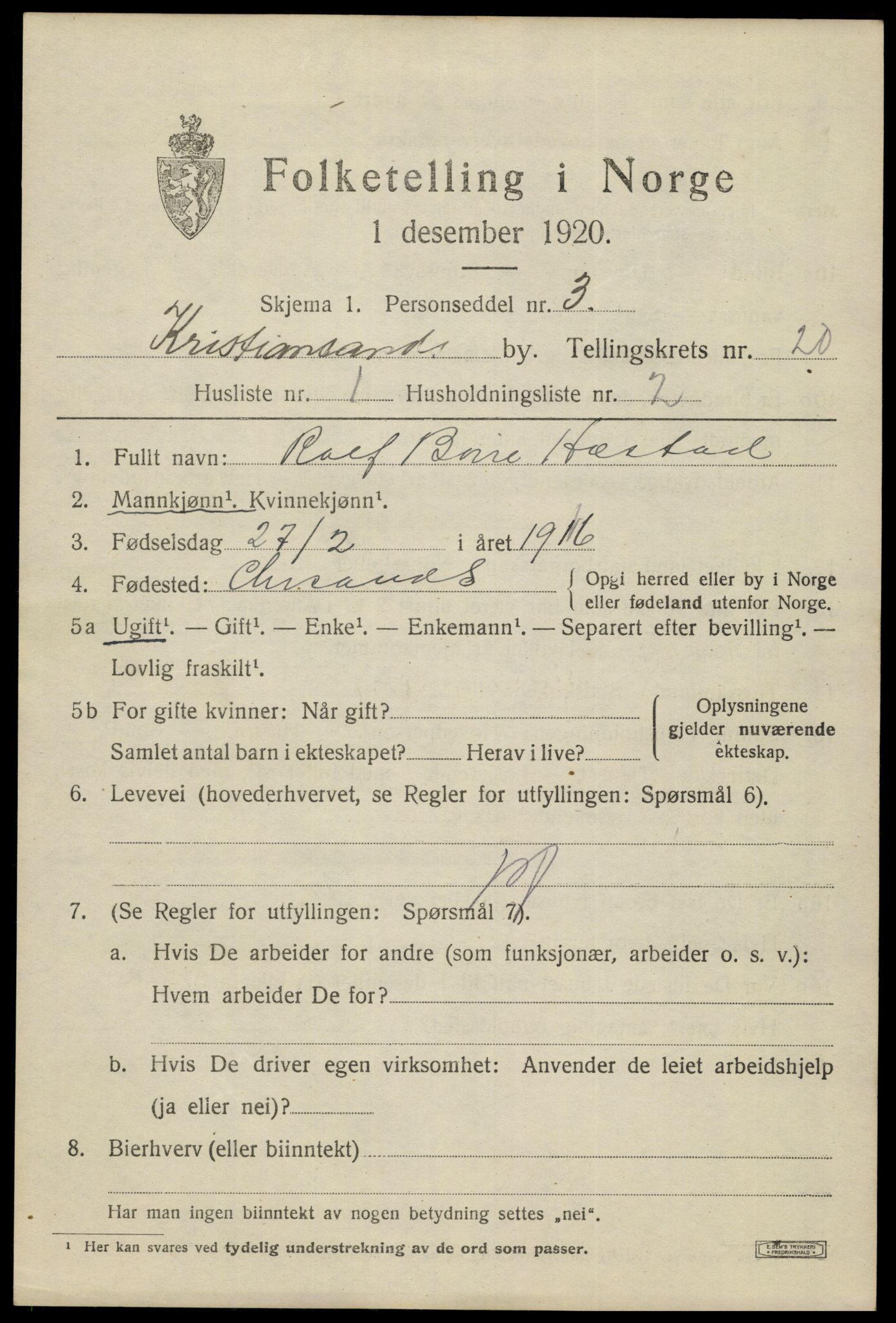 SAK, 1920 census for Kristiansand, 1920, p. 35729