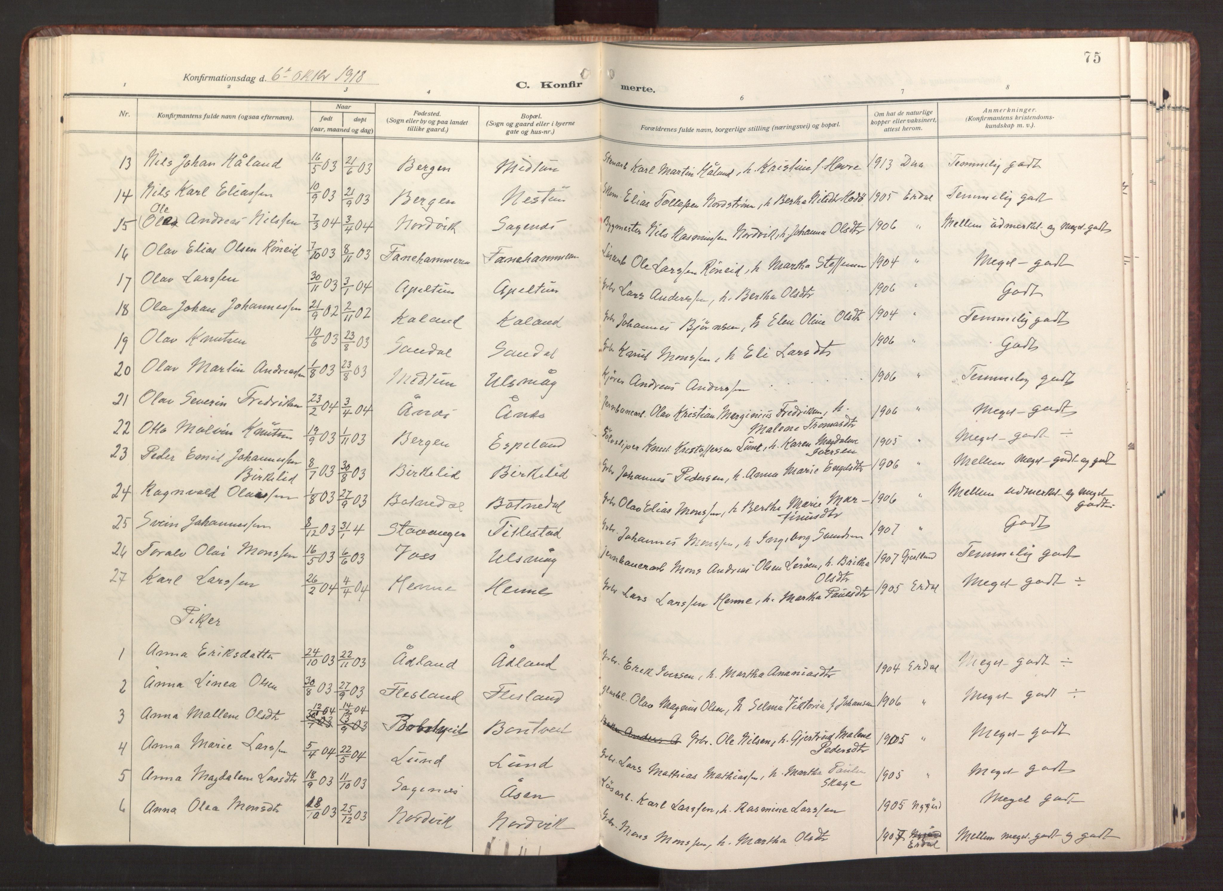 Fana Sokneprestembete, AV/SAB-A-75101/H/Haa/Haab/L0005: Parish register (official) no. B 5, 1915-1923, p. 75