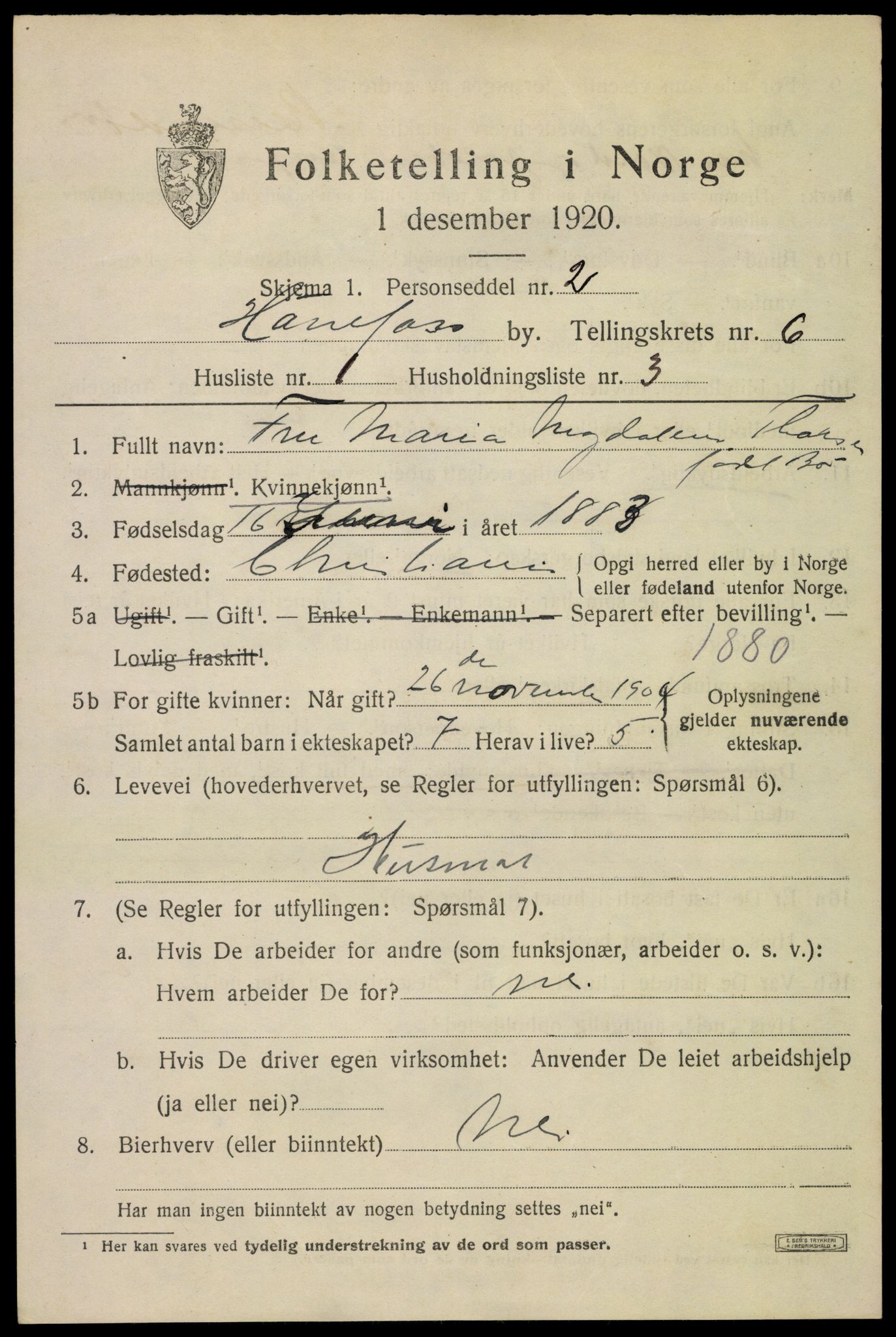 SAKO, 1920 census for Hønefoss, 1920, p. 6976