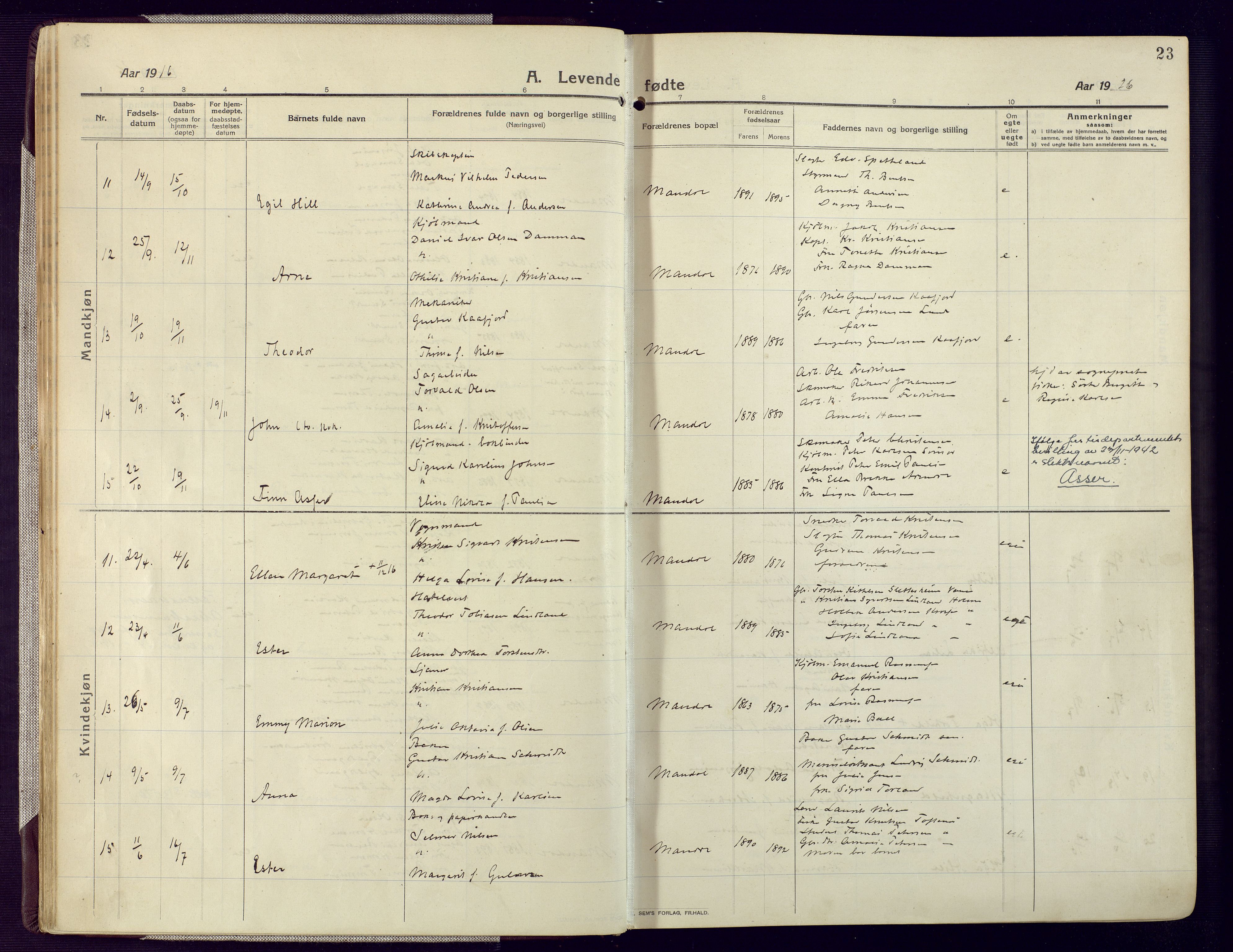 Mandal sokneprestkontor, AV/SAK-1111-0030/F/Fa/Fac/L0001: Parish register (official) no. A 1, 1913-1925, p. 23