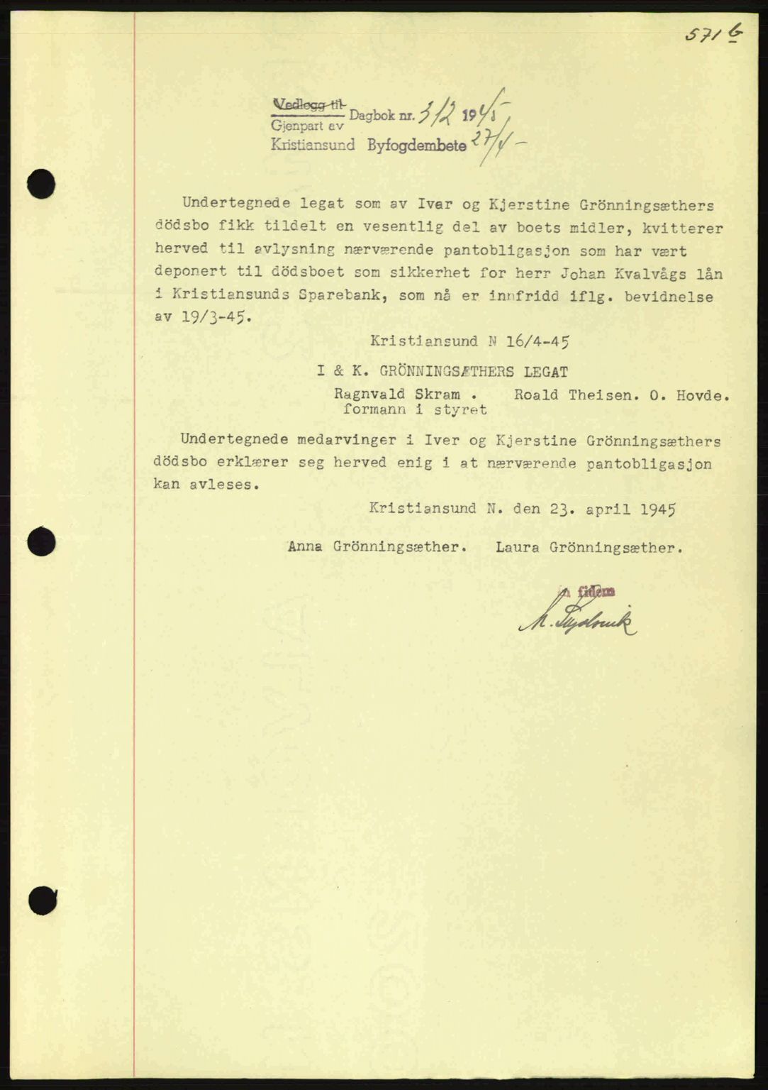 Kristiansund byfogd, SAT/A-4587/A/27: Mortgage book no. 37-38, 1943-1945, Diary no: : 312/1945