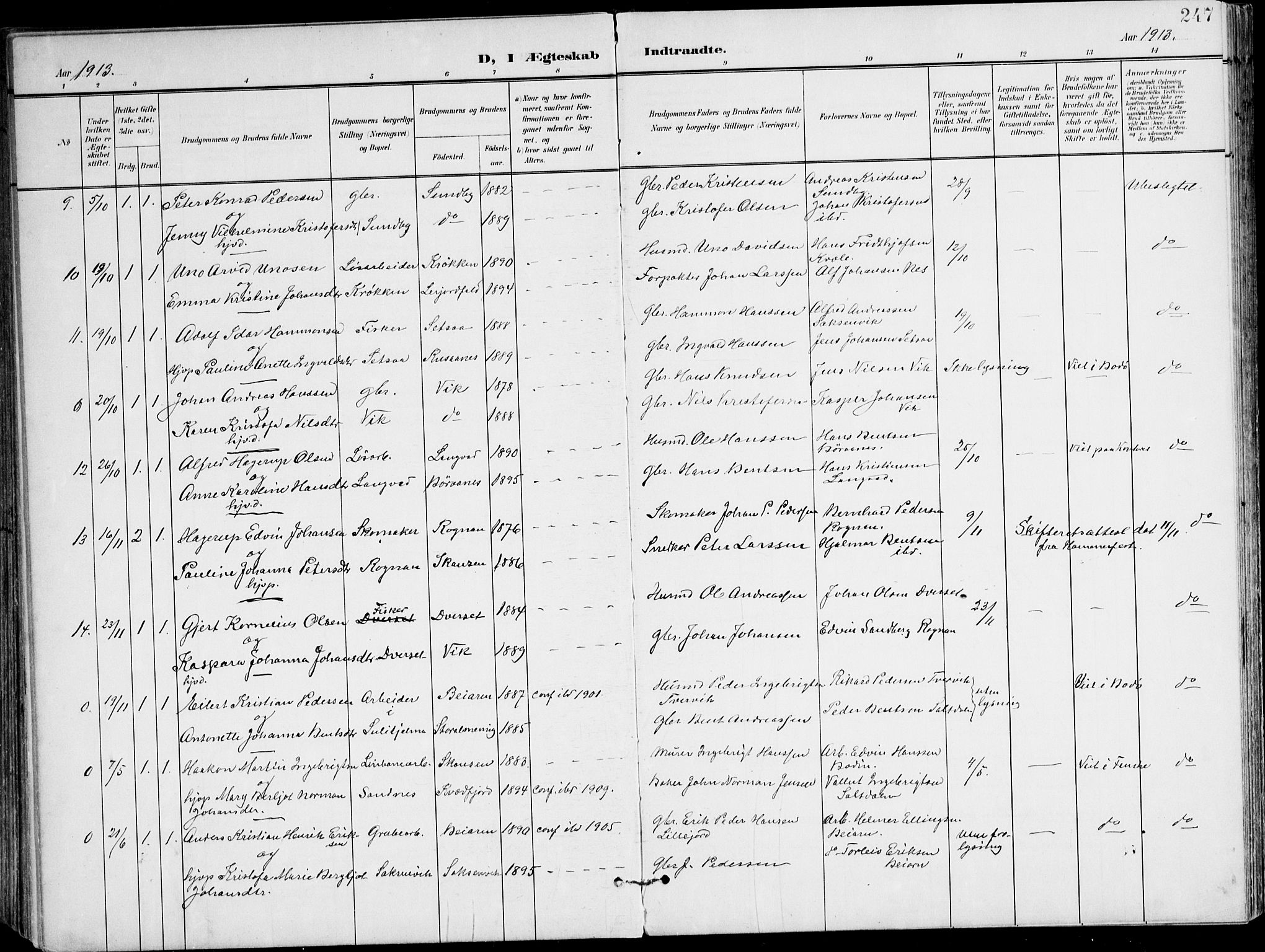 Ministerialprotokoller, klokkerbøker og fødselsregistre - Nordland, AV/SAT-A-1459/847/L0672: Parish register (official) no. 847A12, 1902-1919, p. 247