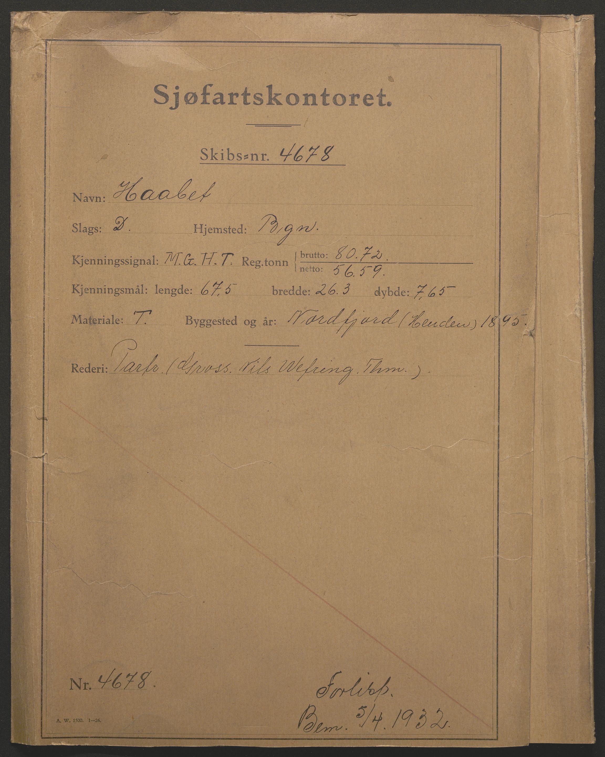 Sjøfartsdirektoratet med forløpere, skipsmapper slettede skip, RA/S-4998/F/Fa/L0531: --, 1868-1932, p. 1