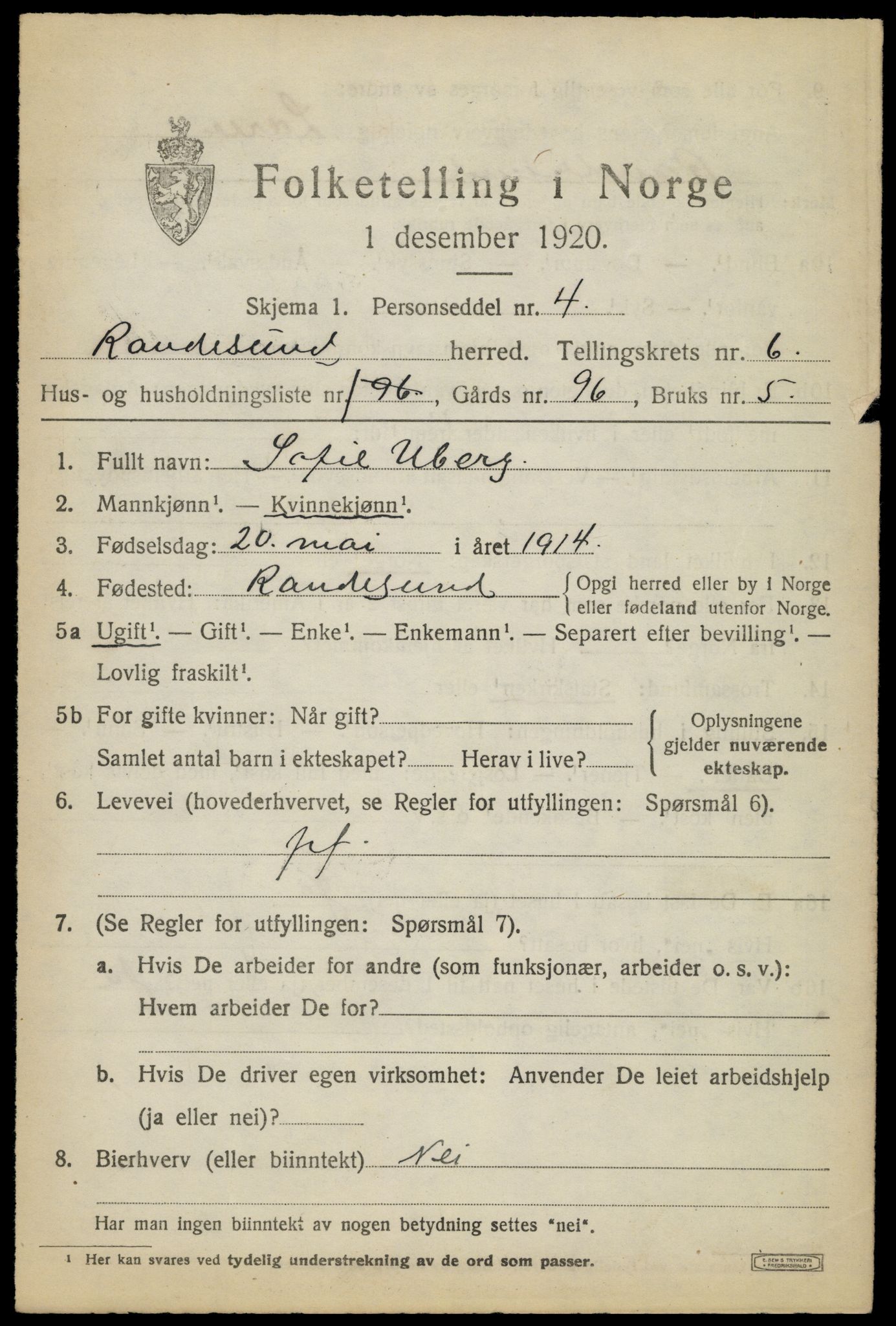 SAK, 1920 census for Randesund, 1920, p. 2752
