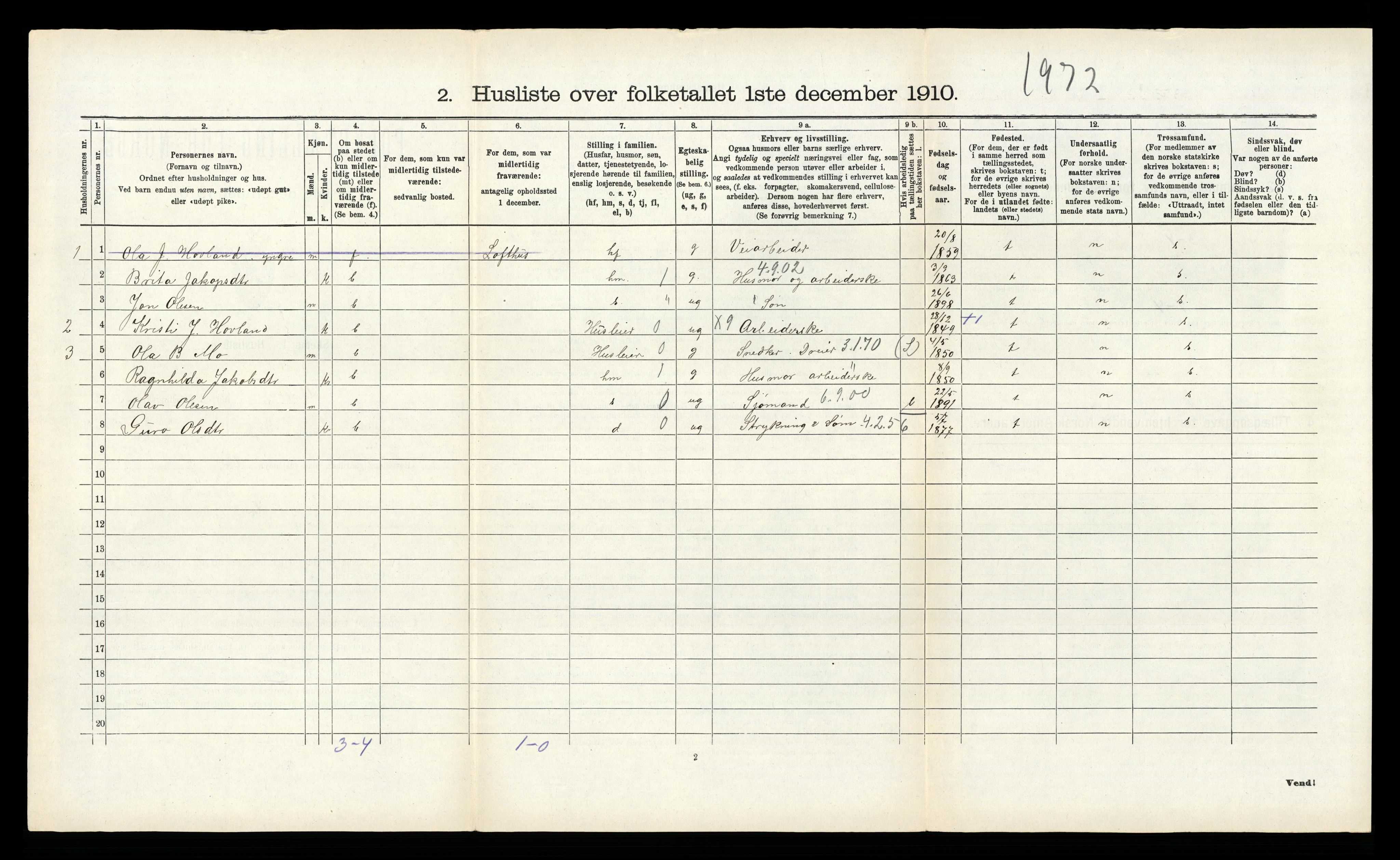 RA, 1910 census for Kvam, 1910, p. 772