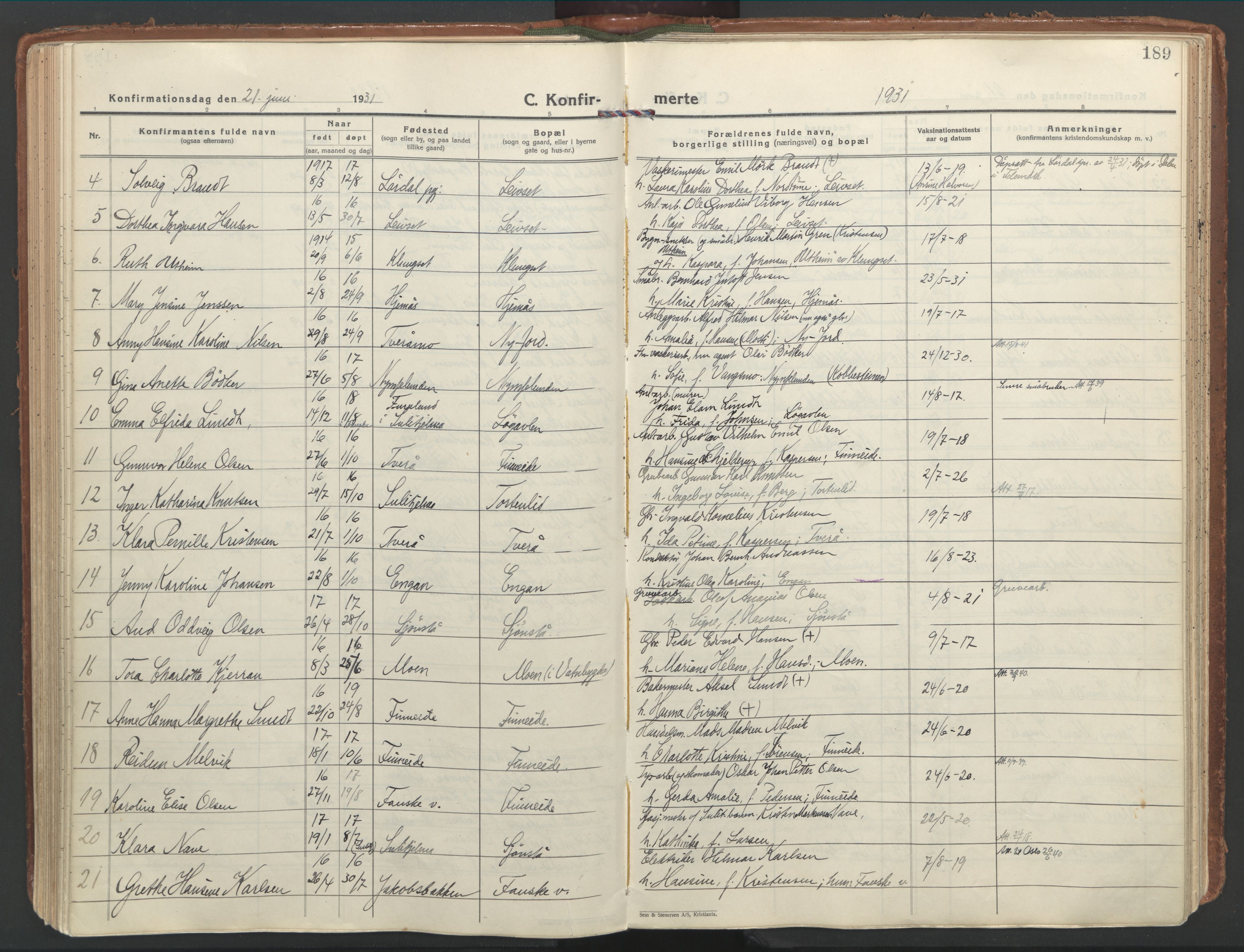 Ministerialprotokoller, klokkerbøker og fødselsregistre - Nordland, AV/SAT-A-1459/849/L0699: Parish register (official) no. 849A10, 1924-1937, p. 189