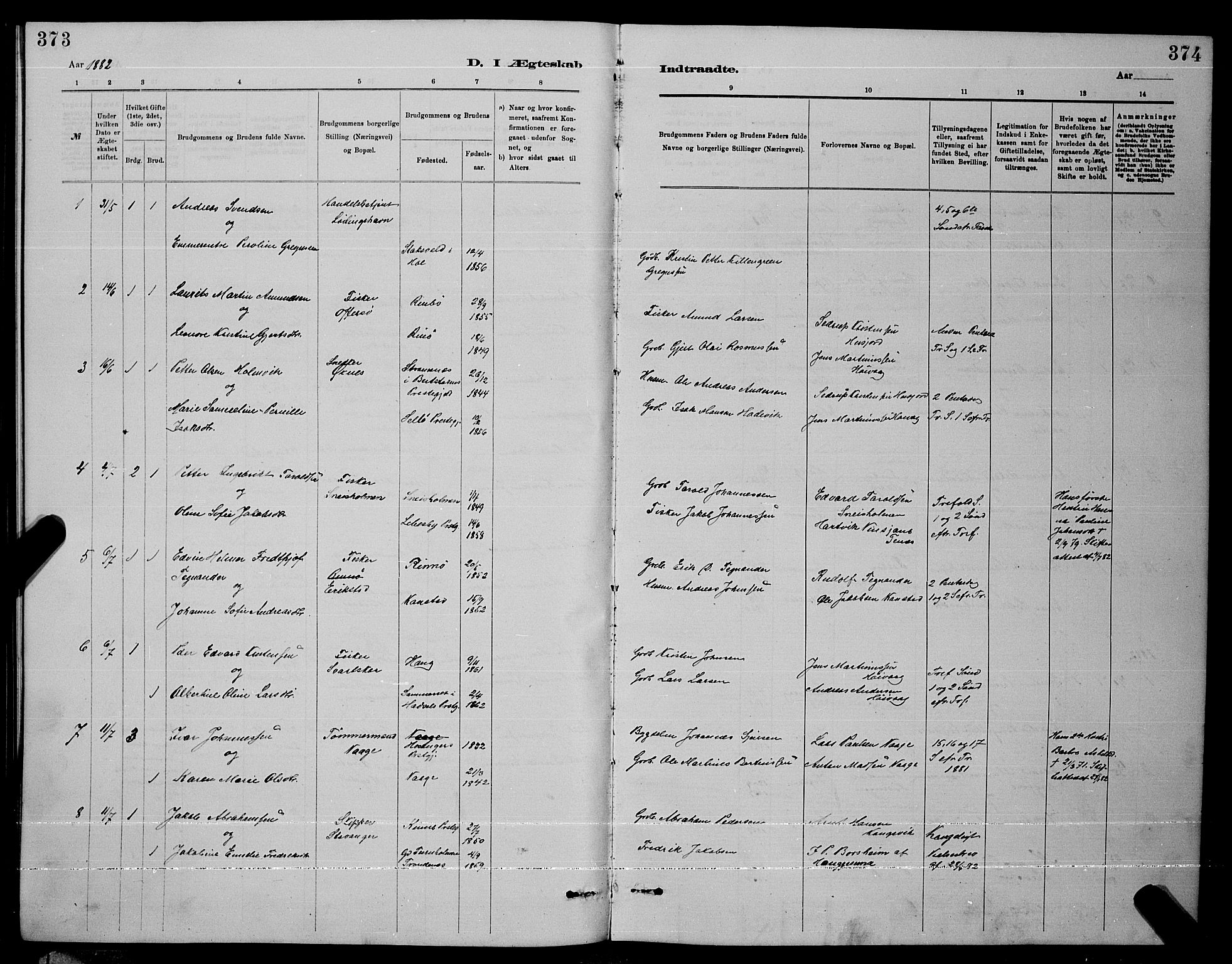 Ministerialprotokoller, klokkerbøker og fødselsregistre - Nordland, AV/SAT-A-1459/872/L1047: Parish register (copy) no. 872C03, 1880-1897, p. 373-374