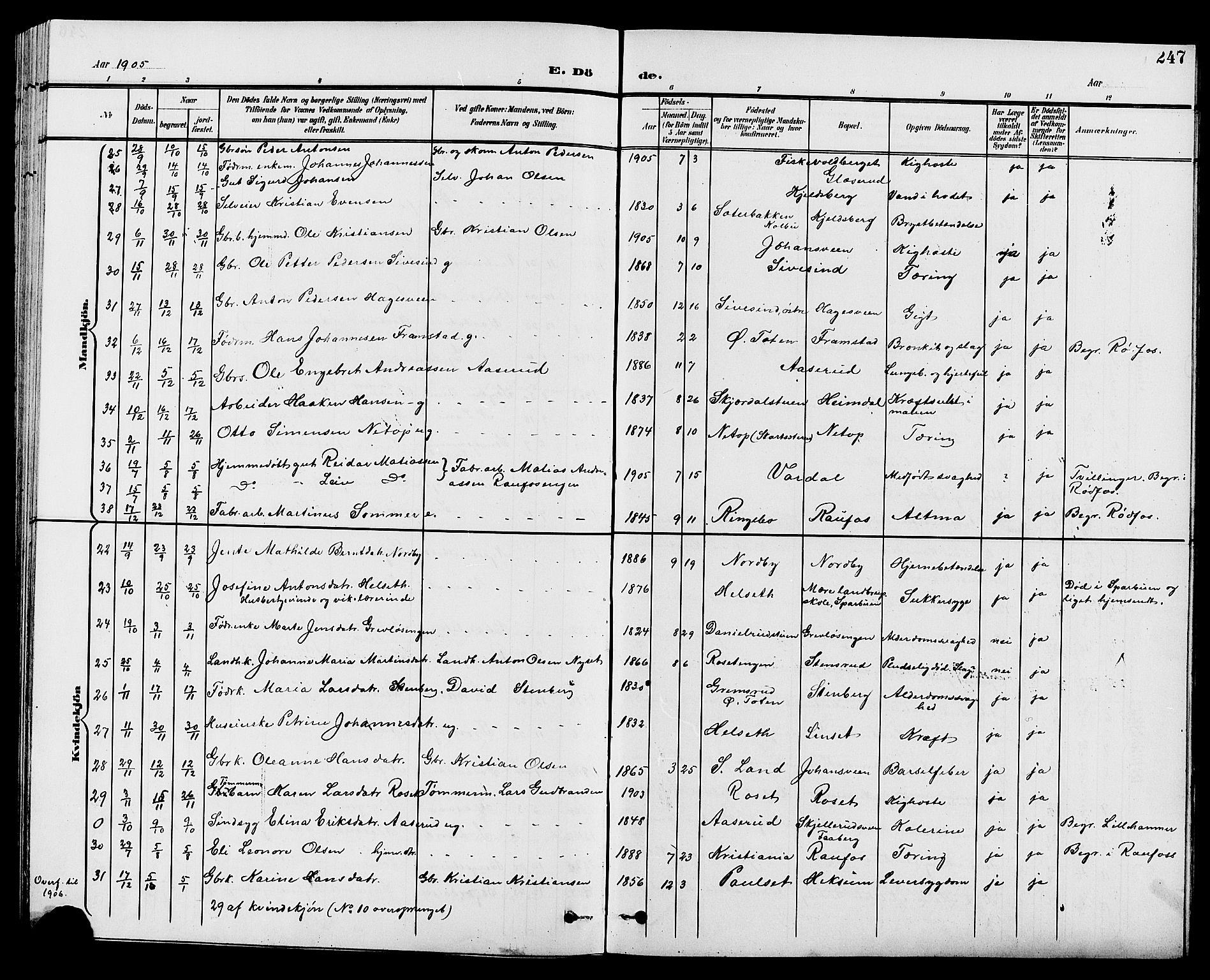 Vestre Toten prestekontor, AV/SAH-PREST-108/H/Ha/Hab/L0010: Parish register (copy) no. 10, 1900-1912, p. 247