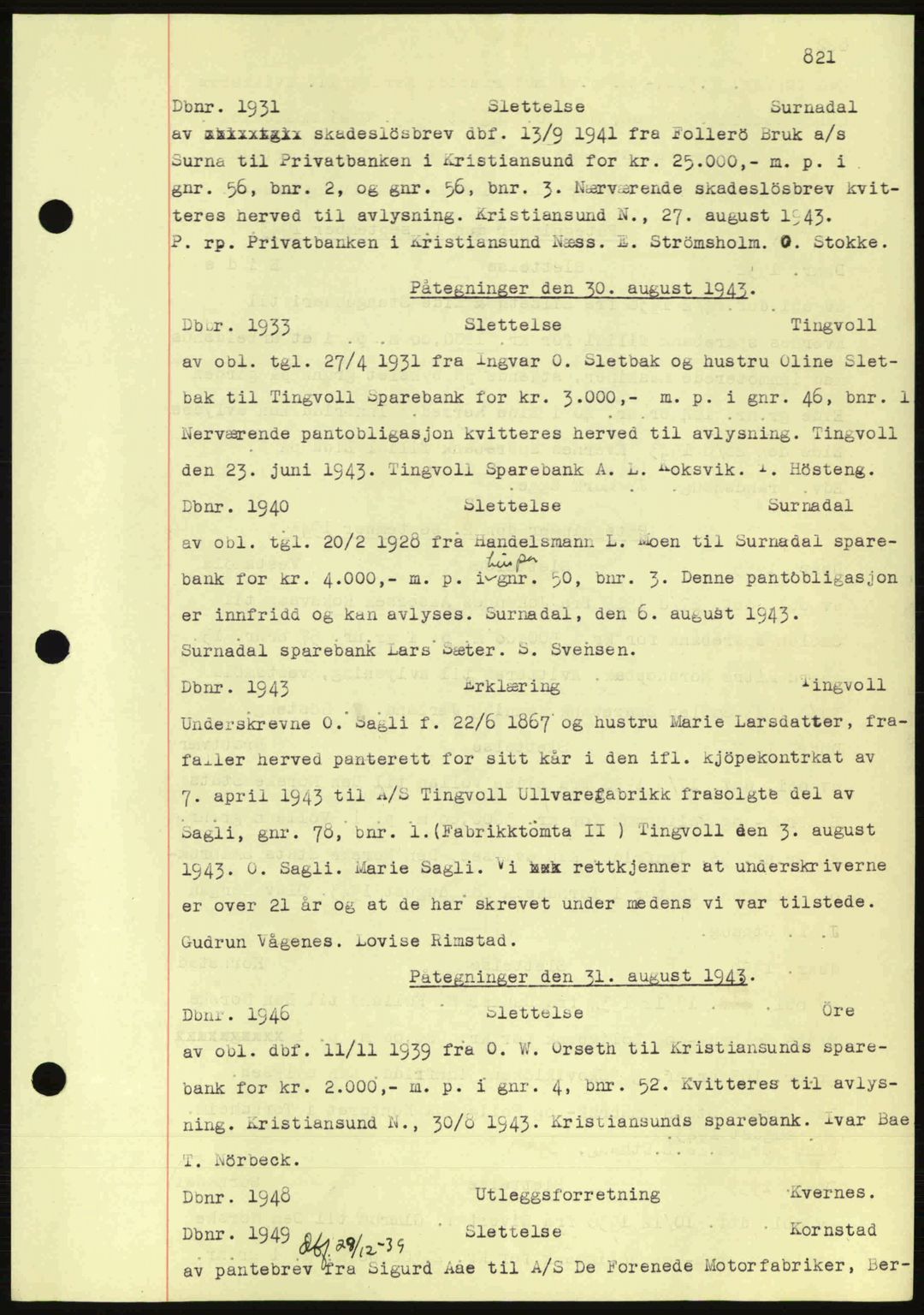 Nordmøre sorenskriveri, AV/SAT-A-4132/1/2/2Ca: Mortgage book no. C81, 1940-1945, Diary no: : 1931/1943