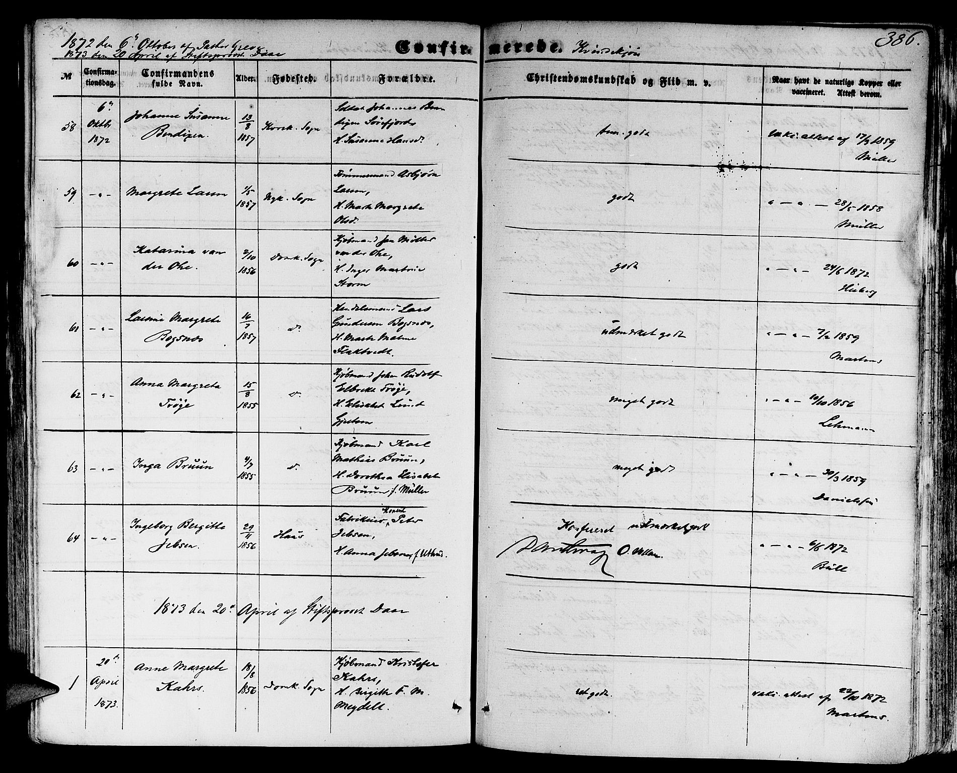 Domkirken sokneprestembete, SAB/A-74801/H/Hab/L0023: Parish register (copy) no. C 3, 1854-1880, p. 386