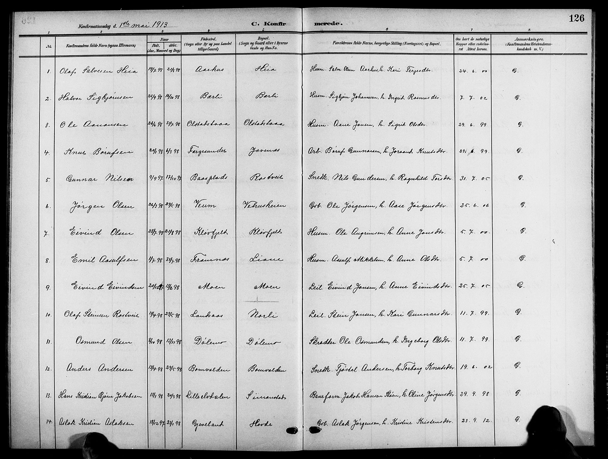 Åmli sokneprestkontor, SAK/1111-0050/F/Fb/Fbc/L0005: Parish register (copy) no. B 5, 1903-1916, p. 126