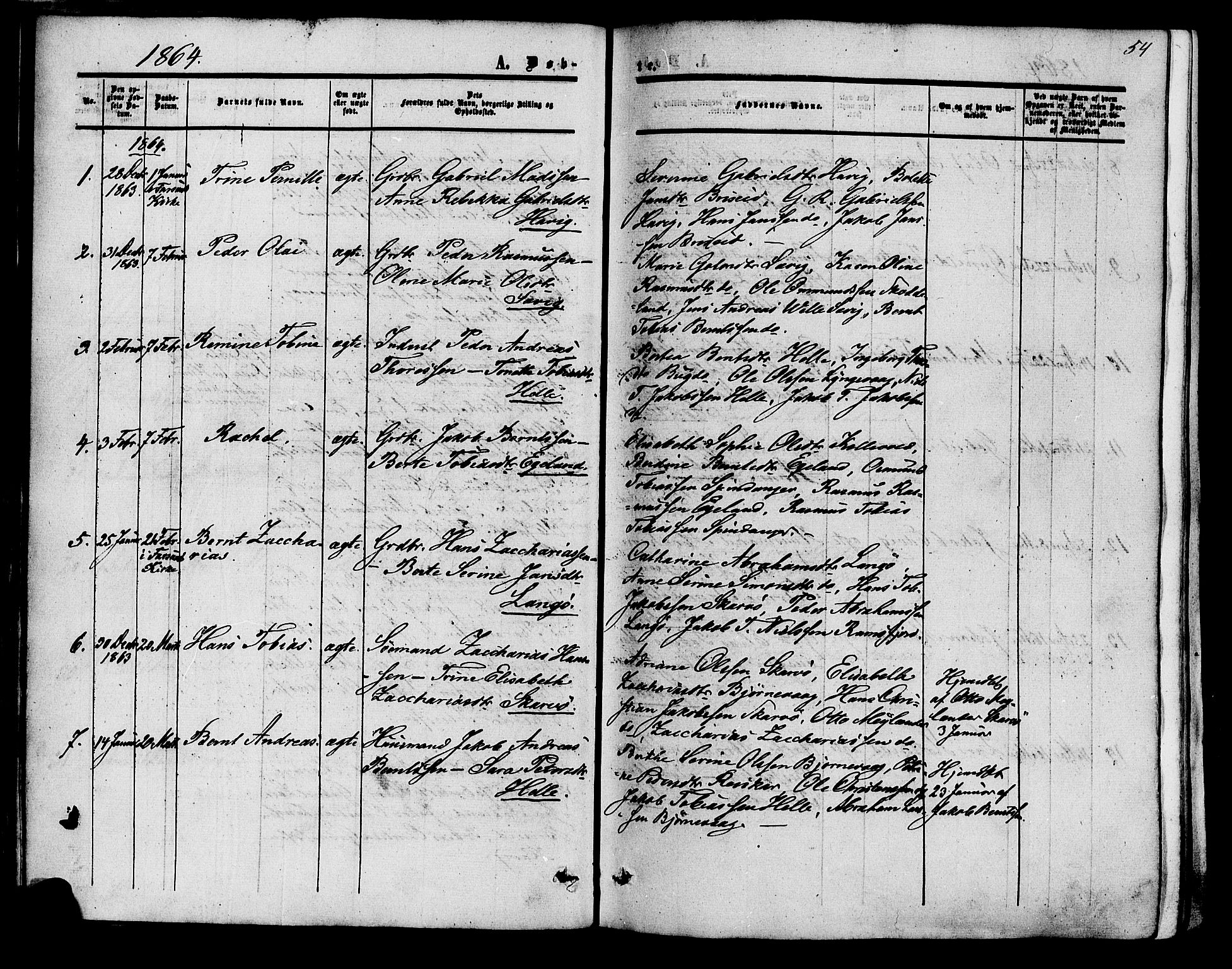 Herad sokneprestkontor, SAK/1111-0018/F/Fa/Fab/L0004: Parish register (official) no. A 4, 1853-1885, p. 54
