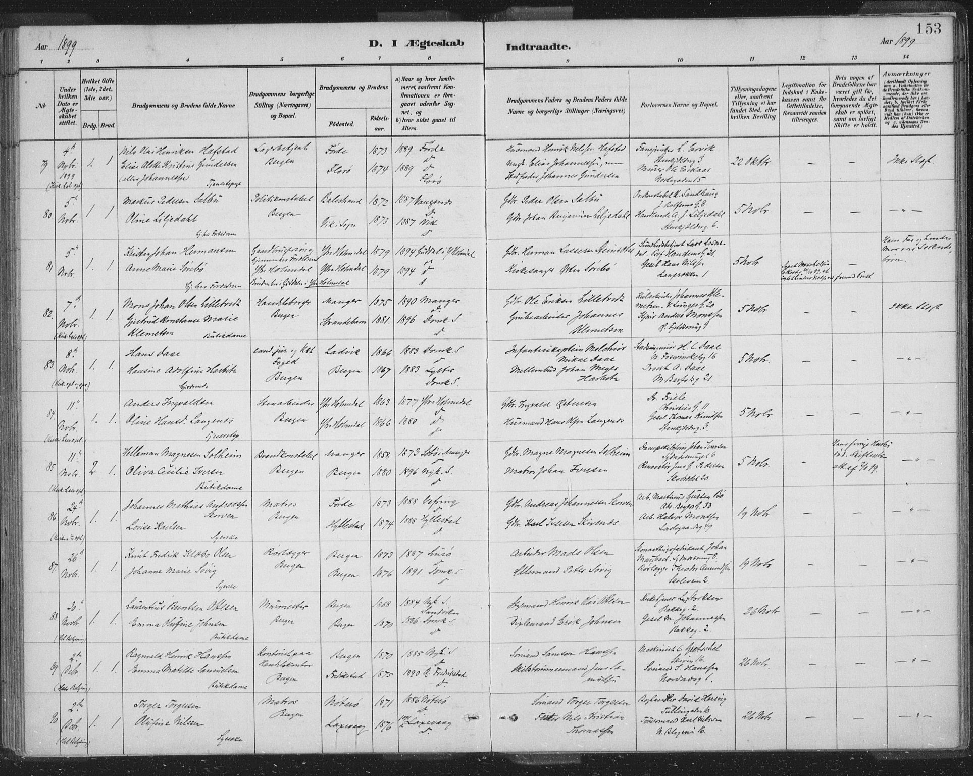 Domkirken sokneprestembete, AV/SAB-A-74801/H/Hab/L0032: Parish register (copy) no. D 4, 1880-1907, p. 153