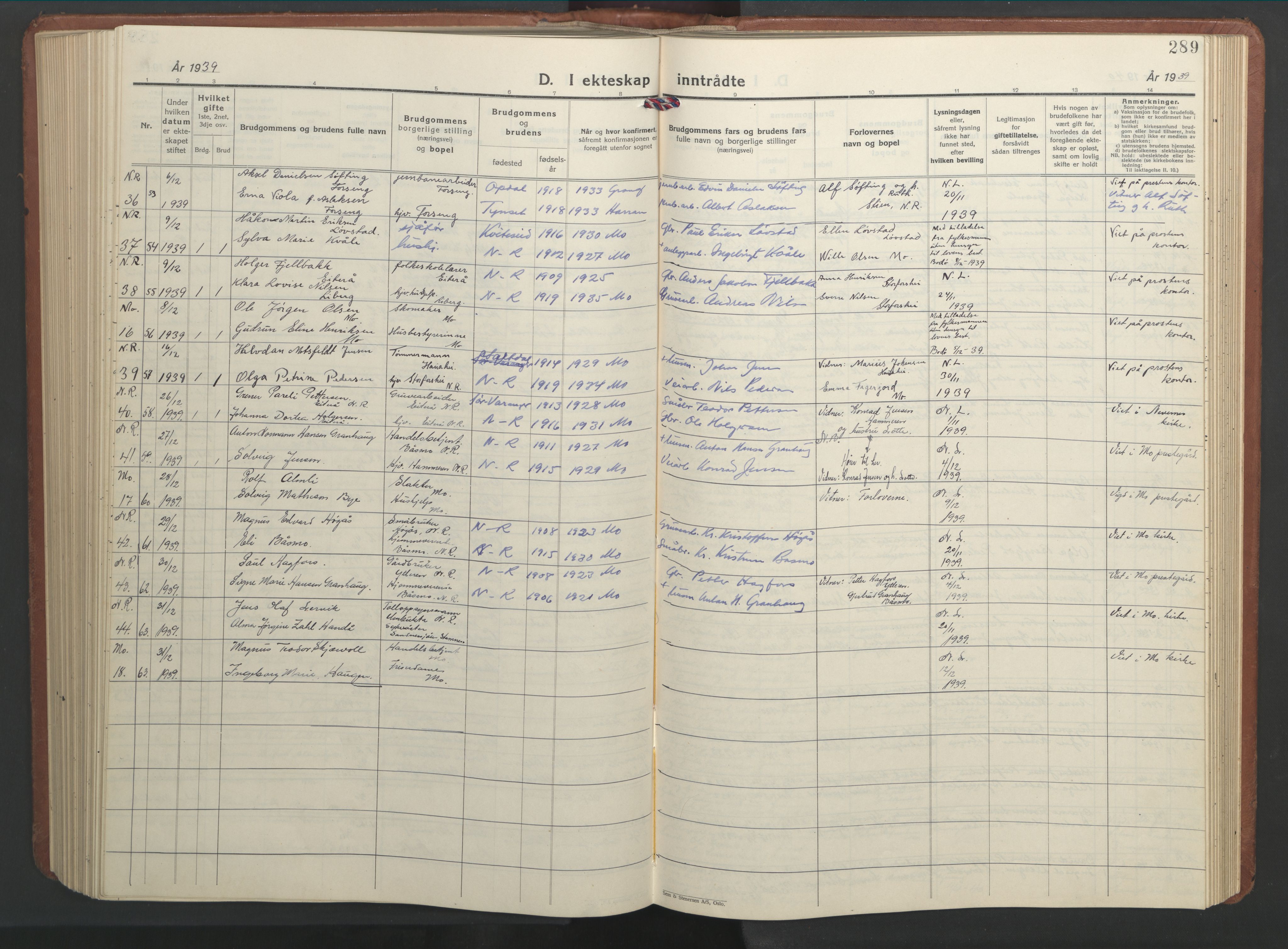 Ministerialprotokoller, klokkerbøker og fødselsregistre - Nordland, SAT/A-1459/827/L0425: Parish register (copy) no. 827C14, 1931-1946, p. 289