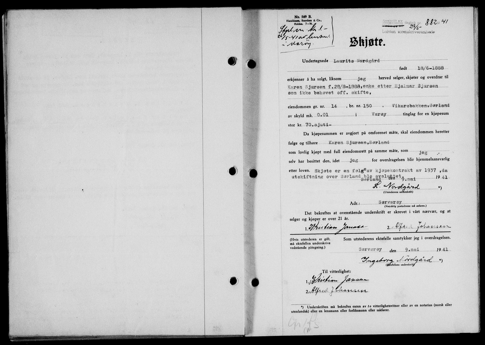 Lofoten sorenskriveri, SAT/A-0017/1/2/2C/L0008a: Mortgage book no. 8a, 1940-1941, Diary no: : 882/1941