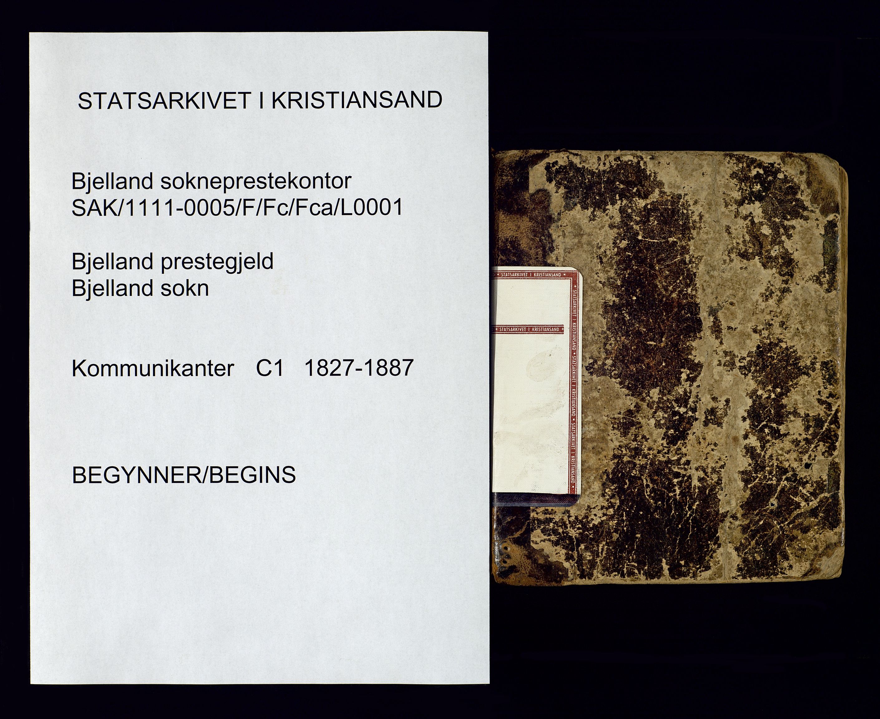 Bjelland sokneprestkontor, SAK/1111-0005/F/Fc/Fca/L0001: Communicants register no. C-1, 1827-1887