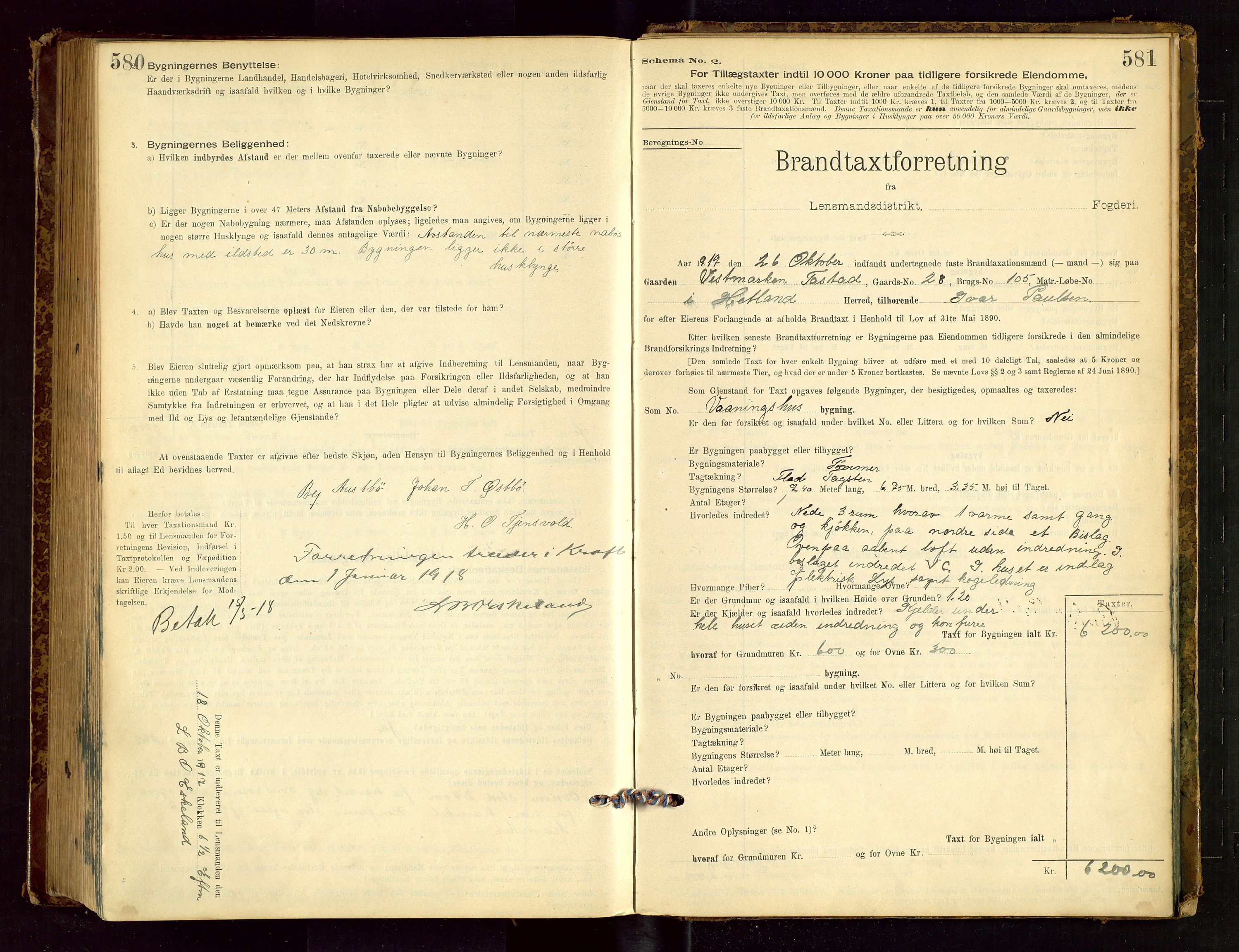 Hetland lensmannskontor, SAST/A-100101/Gob/L0001: "Brandtaxationsprotokol", 1895-1918, p. 580-581