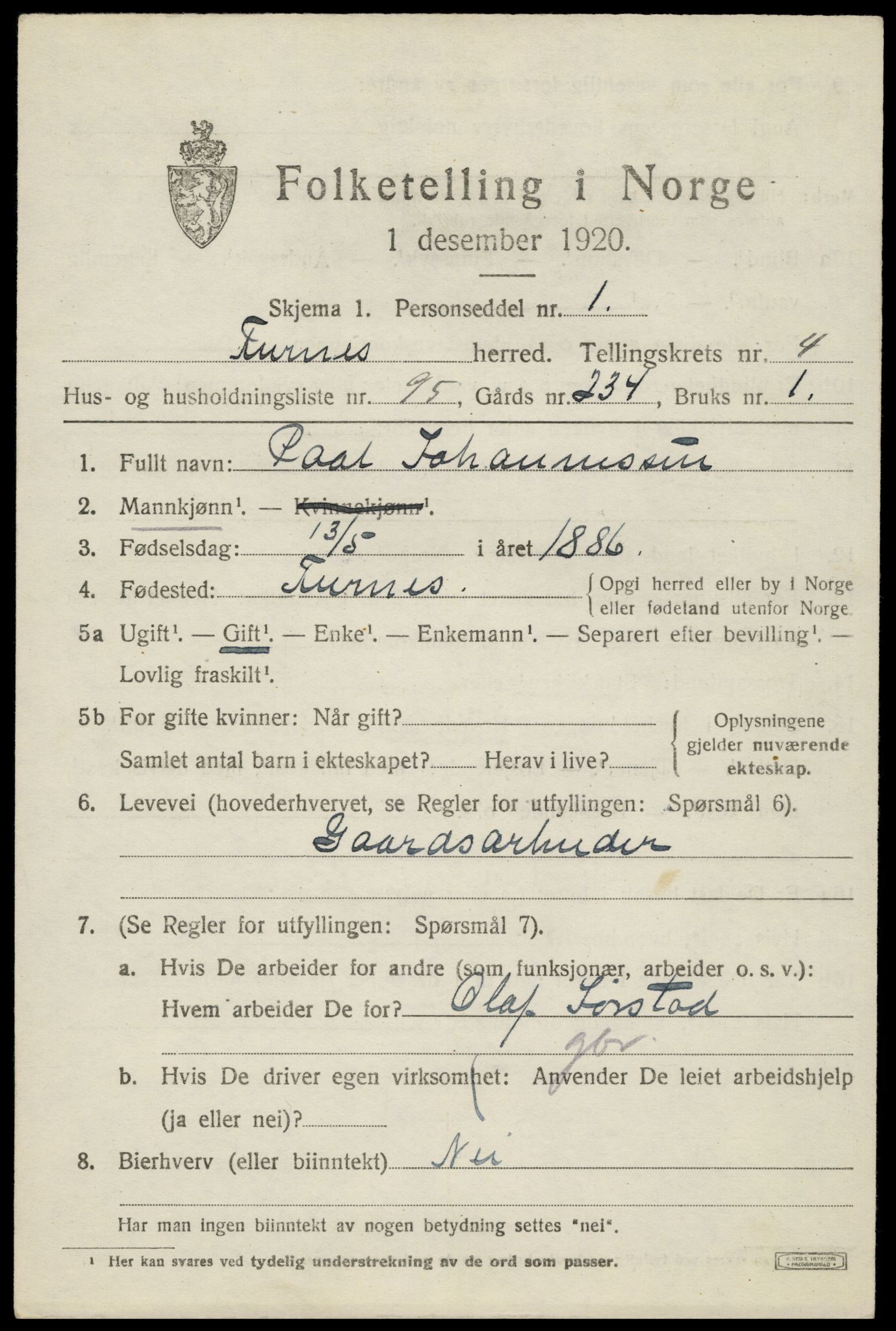 SAH, 1920 census for Furnes, 1920, p. 6961