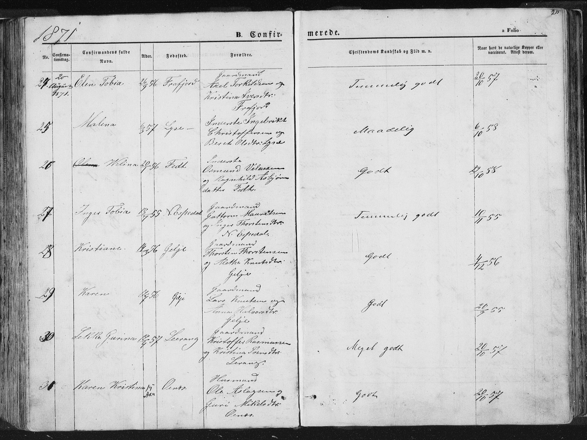 Høgsfjord sokneprestkontor, AV/SAST-A-101624/H/Ha/Haa/L0001: Parish register (official) no. A 1, 1854-1875, p. 215