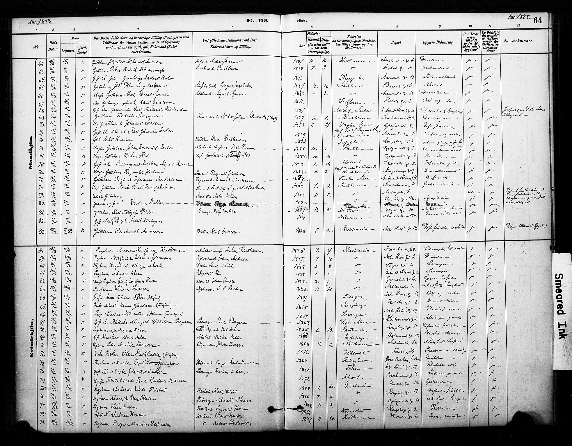 Sagene prestekontor Kirkebøker, AV/SAO-A-10796/F/L0003: Parish register (official) no. 3, 1880-1922, p. 64