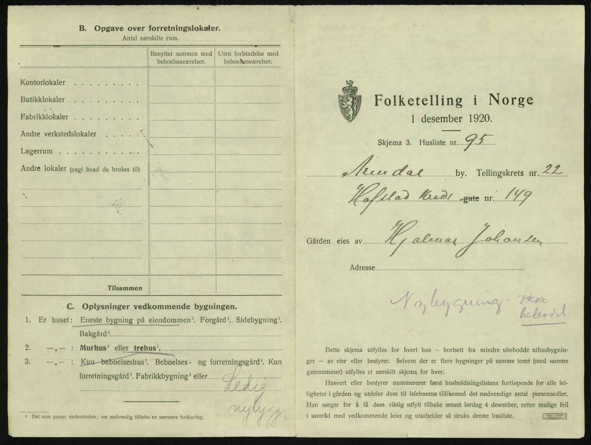 SAK, 1920 census for Arendal, 1920, p. 3556