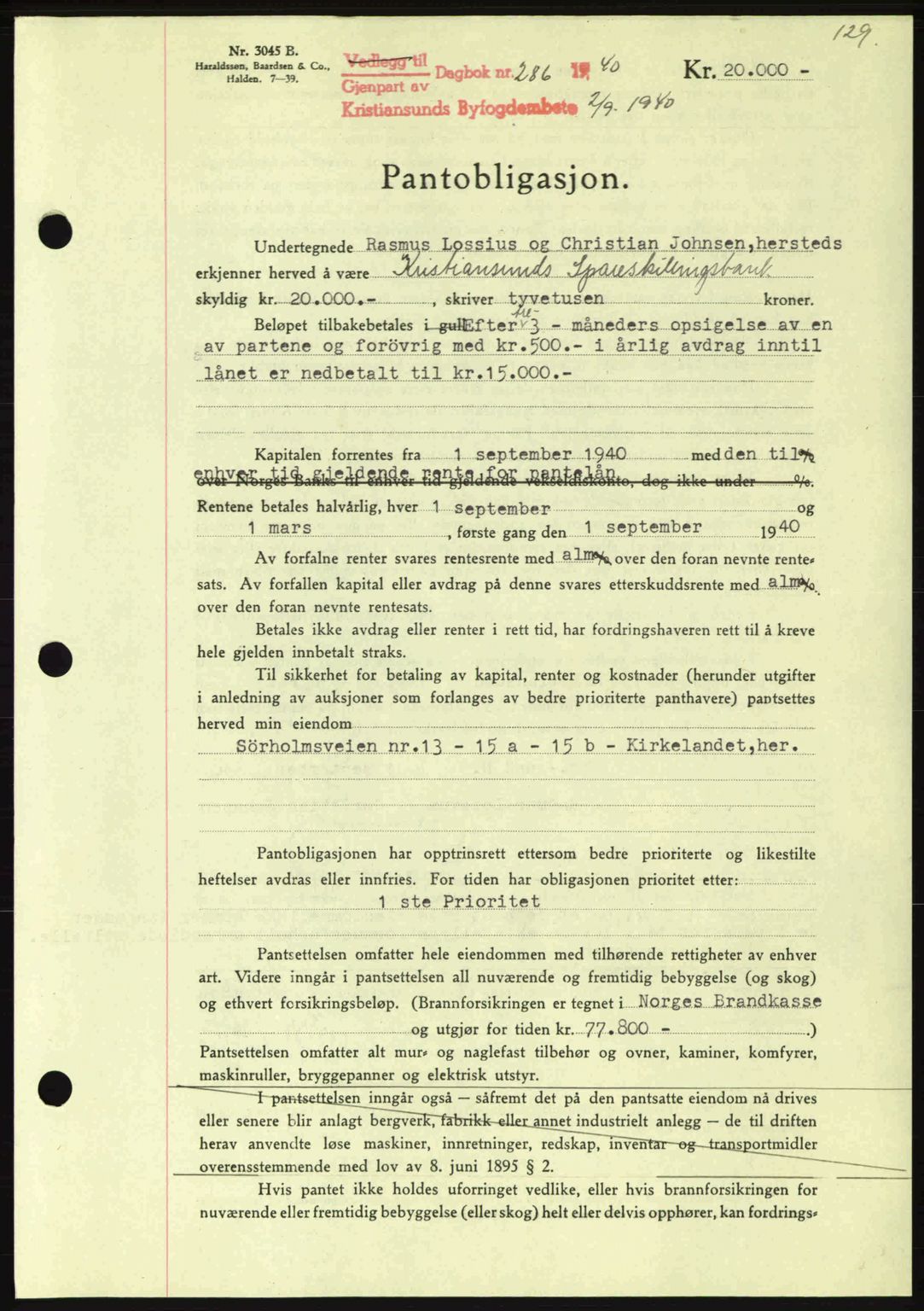 Kristiansund byfogd, AV/SAT-A-4587/A/27: Mortgage book no. 33, 1939-1941, Diary no: : 286/1940