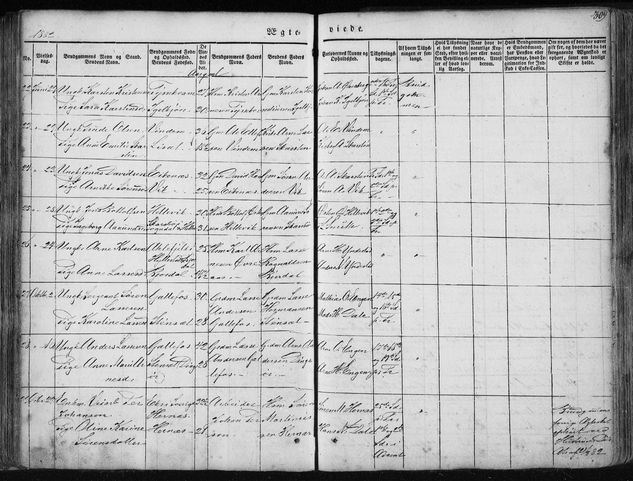 Fjaler sokneprestembete, SAB/A-79801/H/Haa/Haaa/L0006: Parish register (official) no. A 6, 1835-1884, p. 309