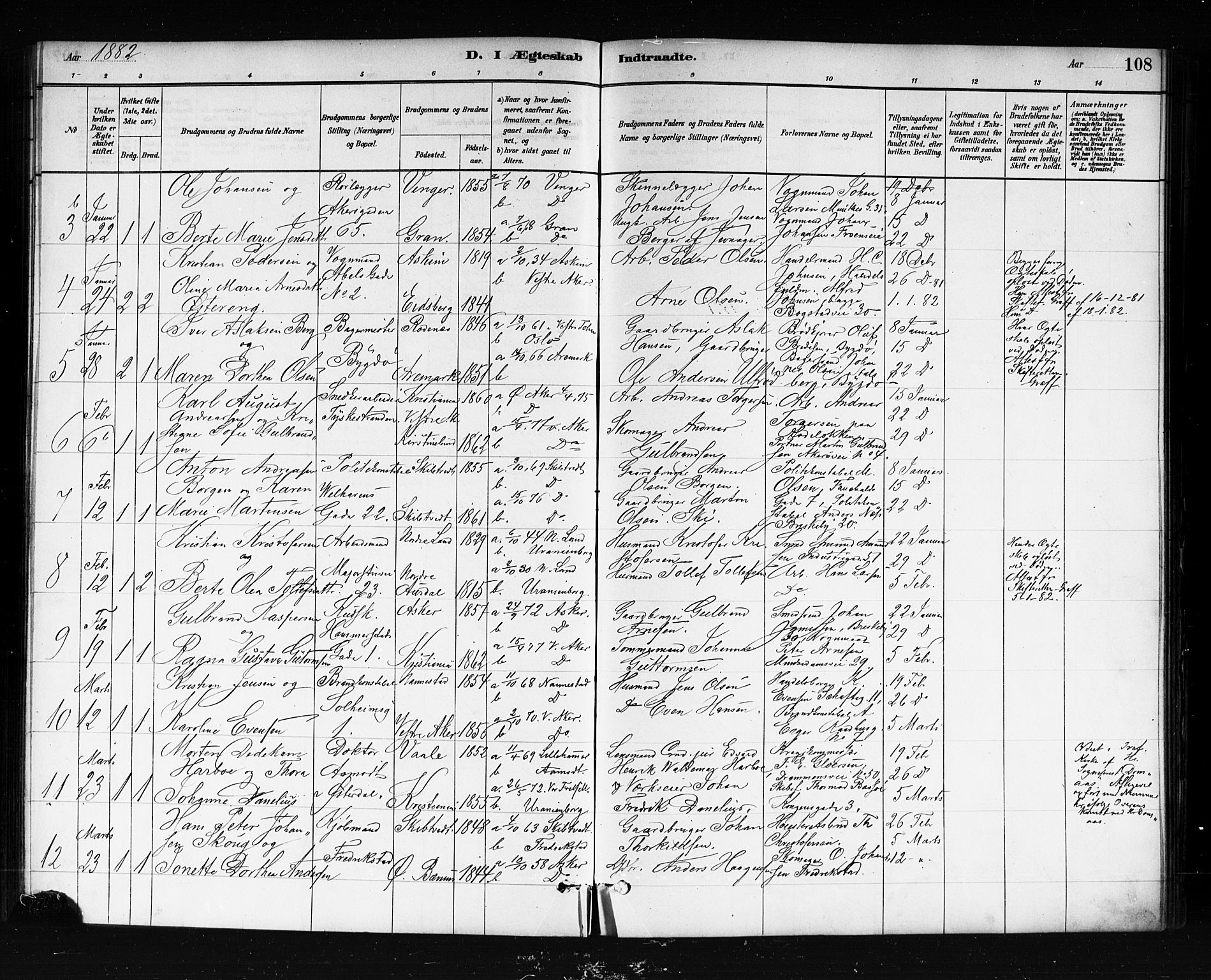 Uranienborg prestekontor Kirkebøker, AV/SAO-A-10877/F/Fa/L0002: Parish register (official) no. 2, 1880-1896, p. 108