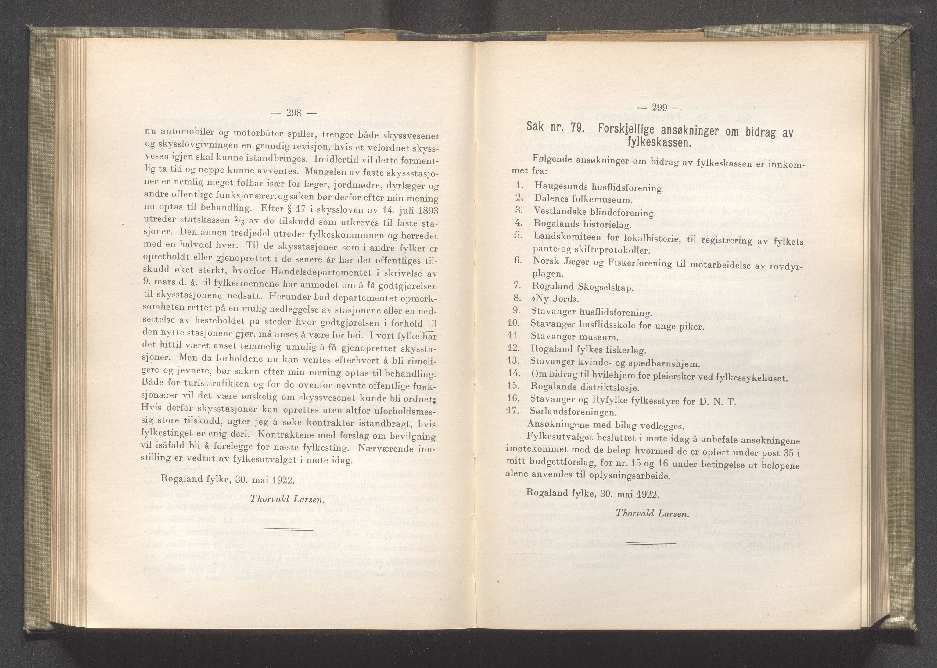 Rogaland fylkeskommune - Fylkesrådmannen , IKAR/A-900/A/Aa/Aaa/L0041: Møtebok , 1922, p. 298-299