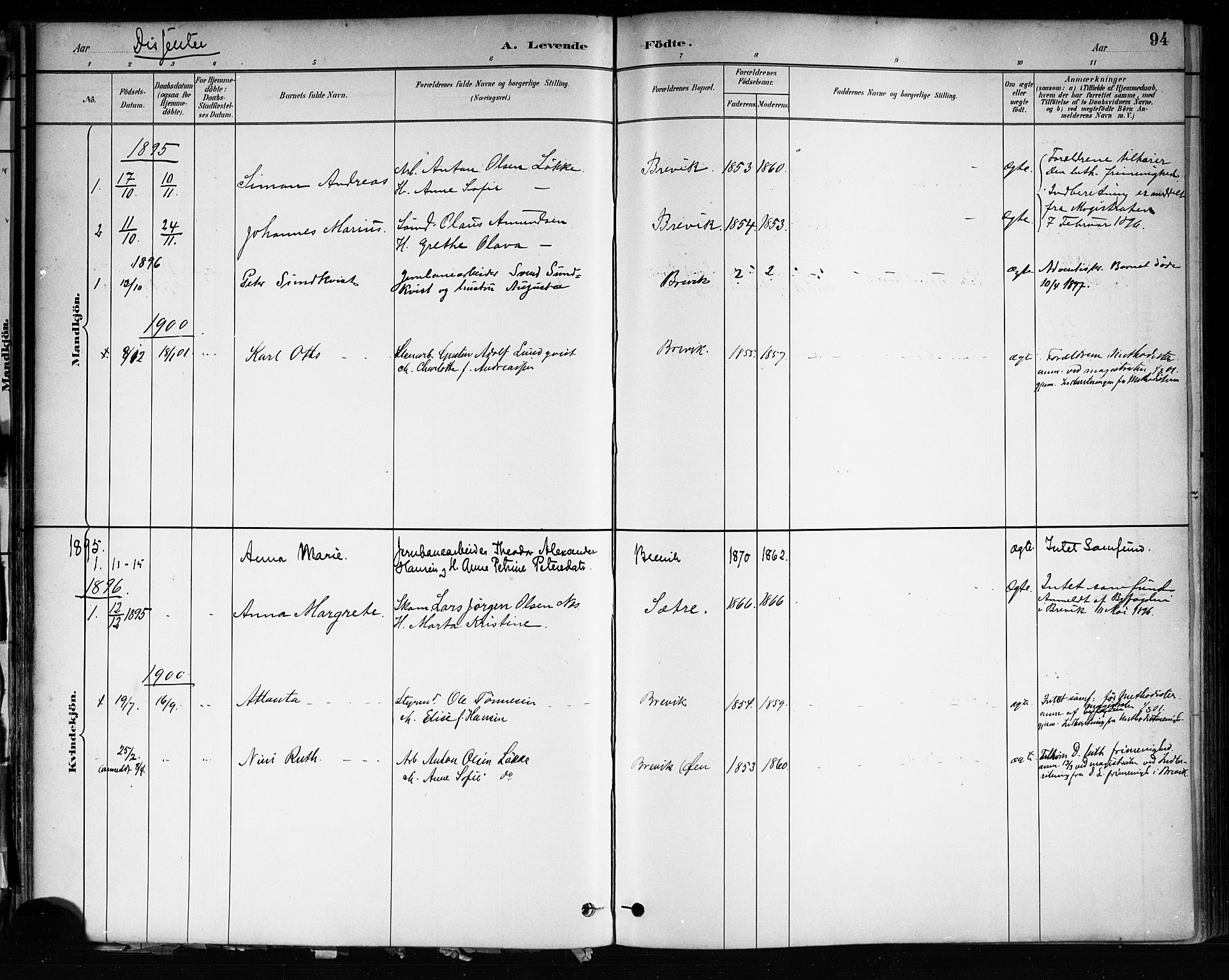 Brevik kirkebøker, SAKO/A-255/F/Fa/L0007: Parish register (official) no. 7, 1882-1900, p. 94