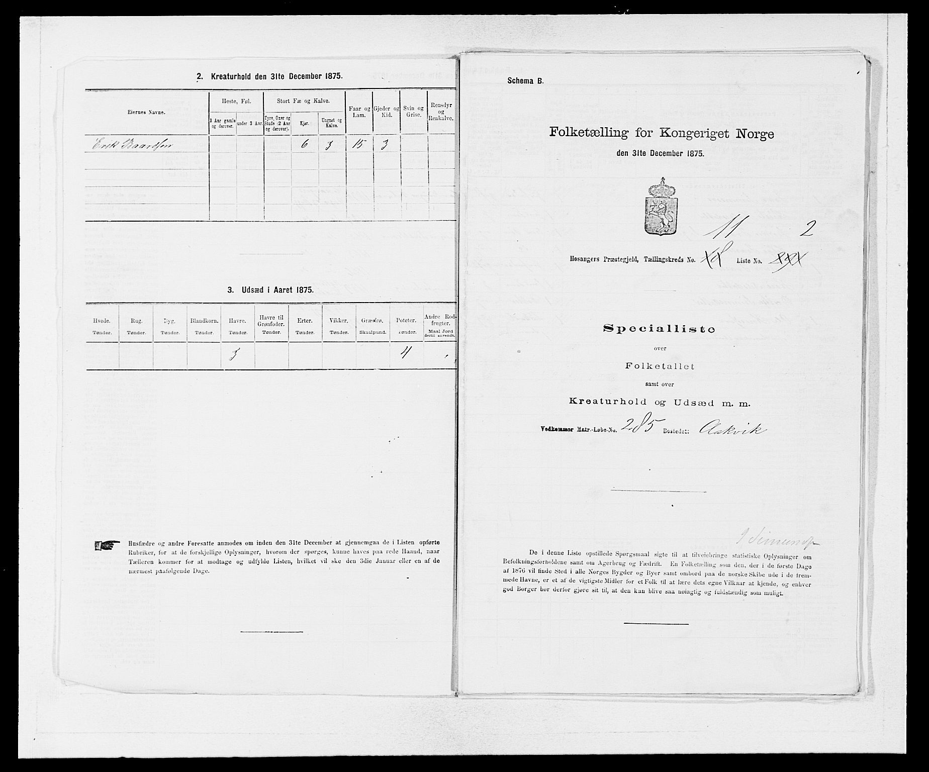 SAB, 1875 census for 1253P Hosanger, 1875, p. 777