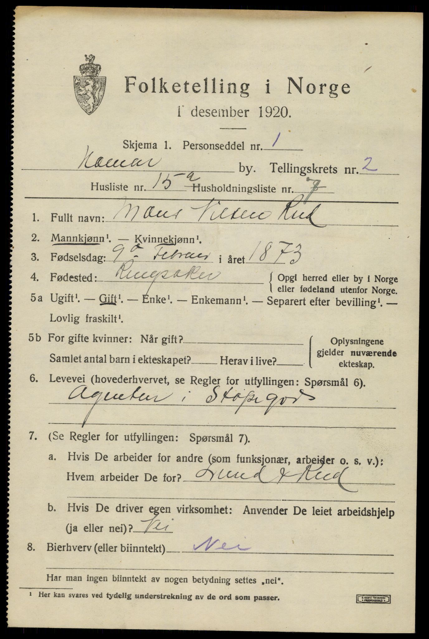 SAH, 1920 census for Hamar, 1920, p. 6259