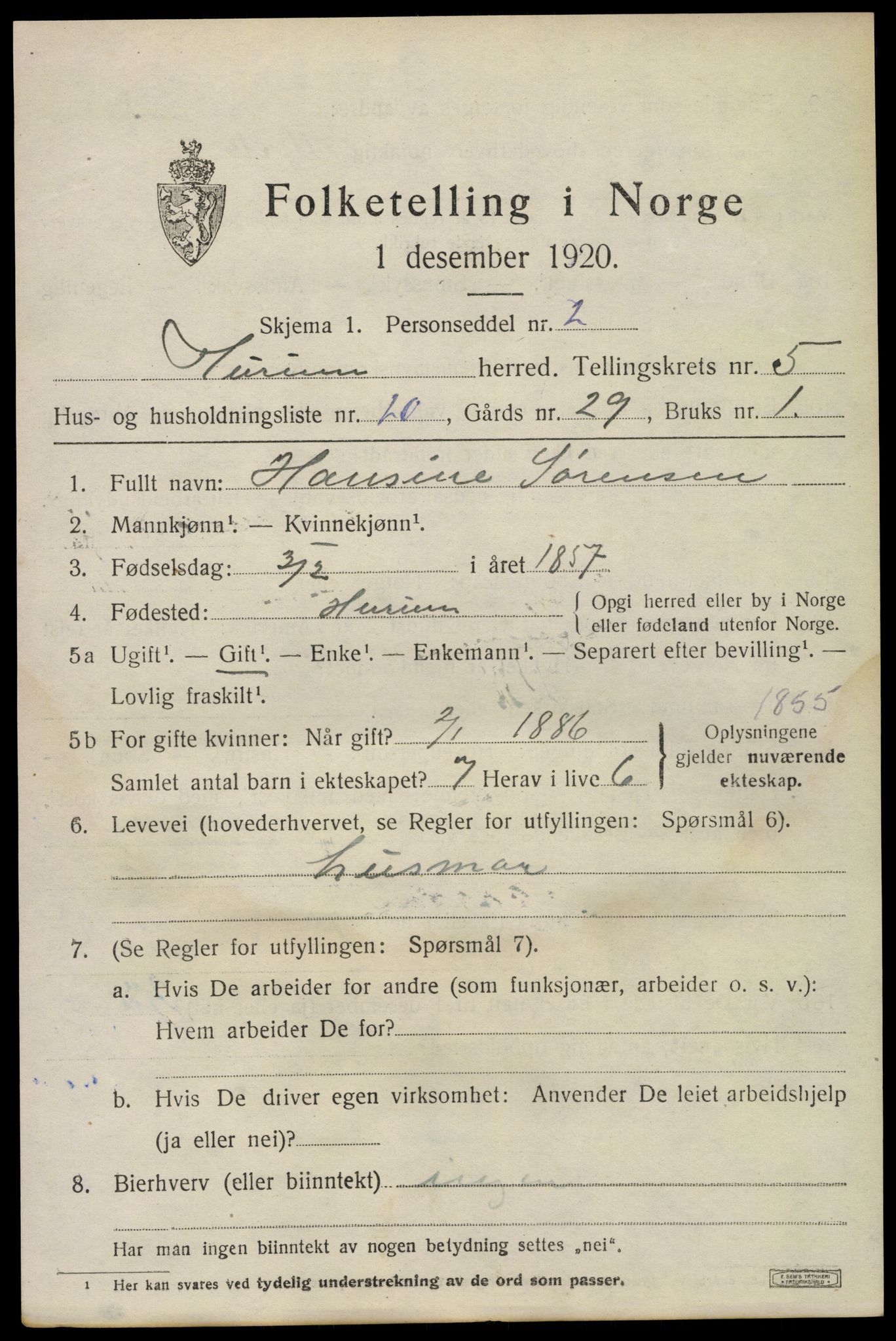 SAKO, 1920 census for Hurum, 1920, p. 6334