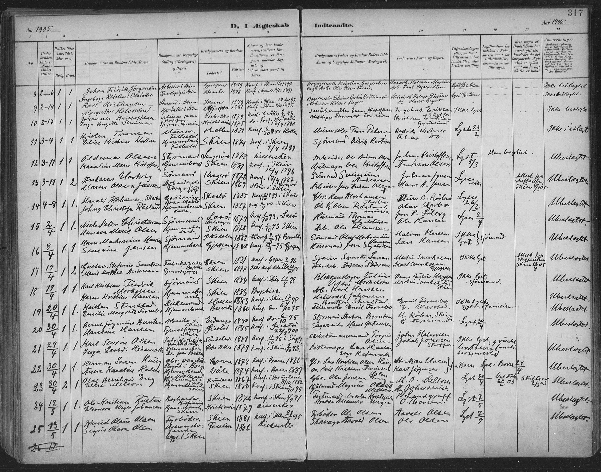 Skien kirkebøker, SAKO/A-302/F/Fa/L0011: Parish register (official) no. 11, 1900-1907, p. 317