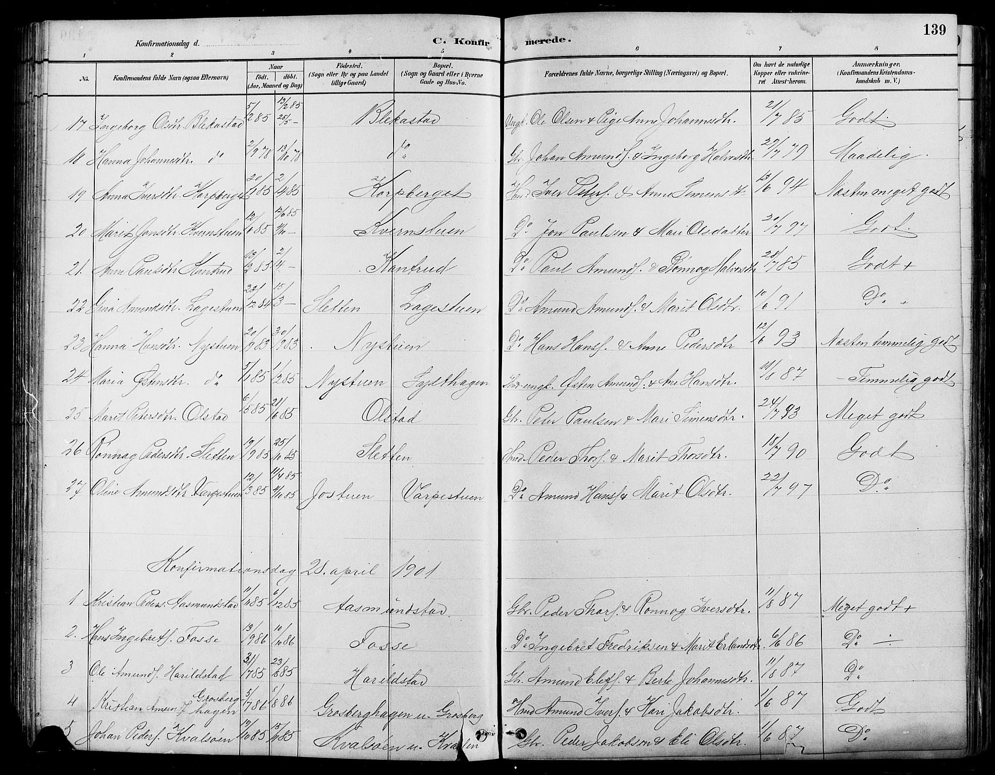 Nord-Fron prestekontor, SAH/PREST-080/H/Ha/Hab/L0005: Parish register (copy) no. 5, 1884-1914, p. 139