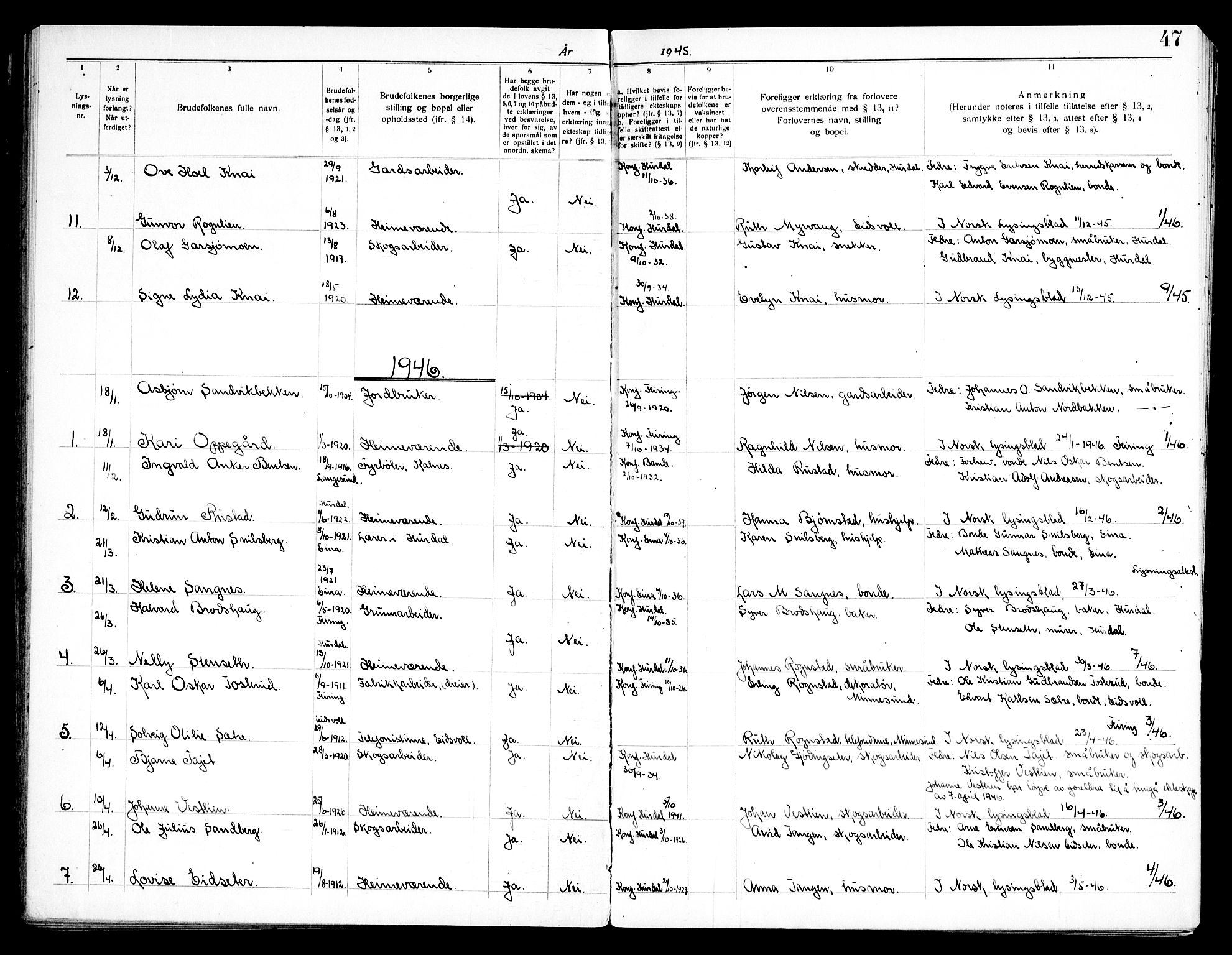 Hurdal prestekontor Kirkebøker, SAO/A-10889/H/Ha/L0001: Banns register no. 1, 1919-1969, p. 47