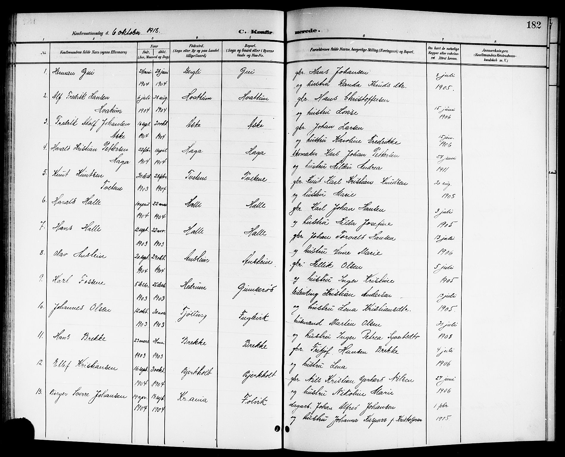 Brunlanes kirkebøker, AV/SAKO-A-342/G/Ga/L0004: Parish register (copy) no. I 4, 1898-1921, p. 182